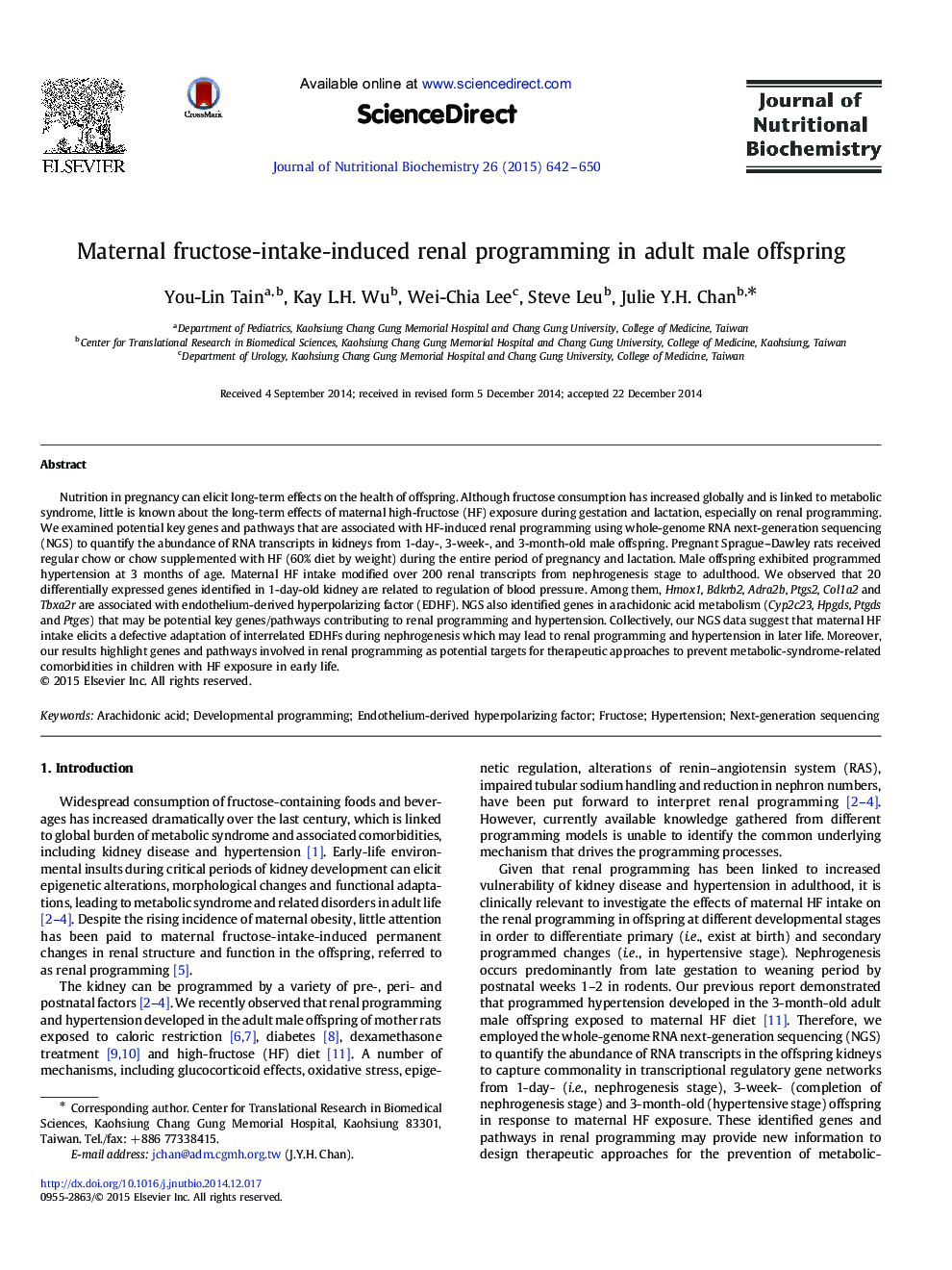 Maternal fructose-intake-induced renal programming in adult male offspring