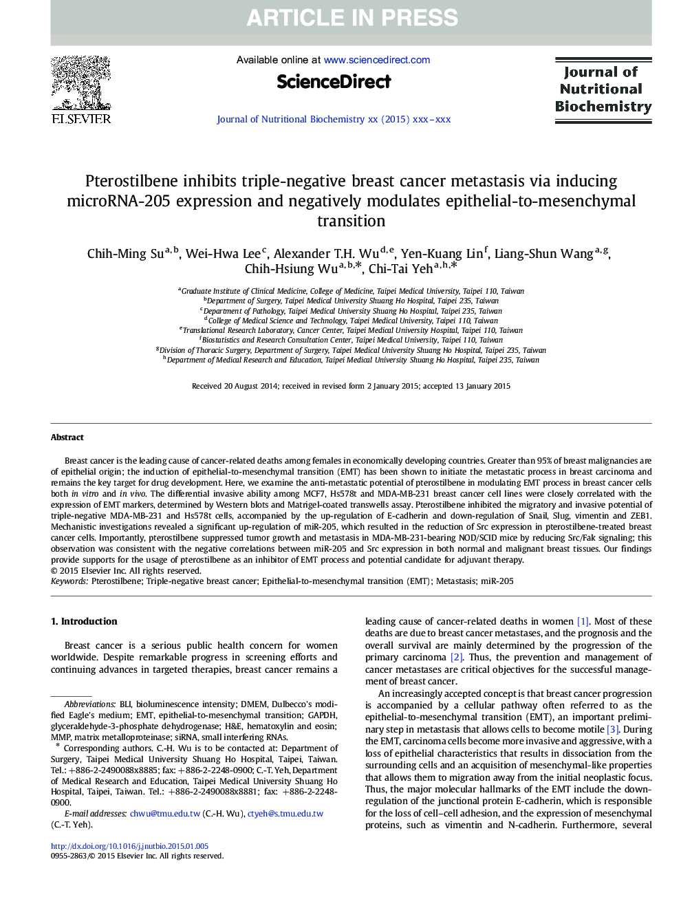 Pterostilbene inhibits triple-negative breast cancer metastasis via inducing microRNA-205 expression and negatively modulates epithelial-to-mesenchymal transition