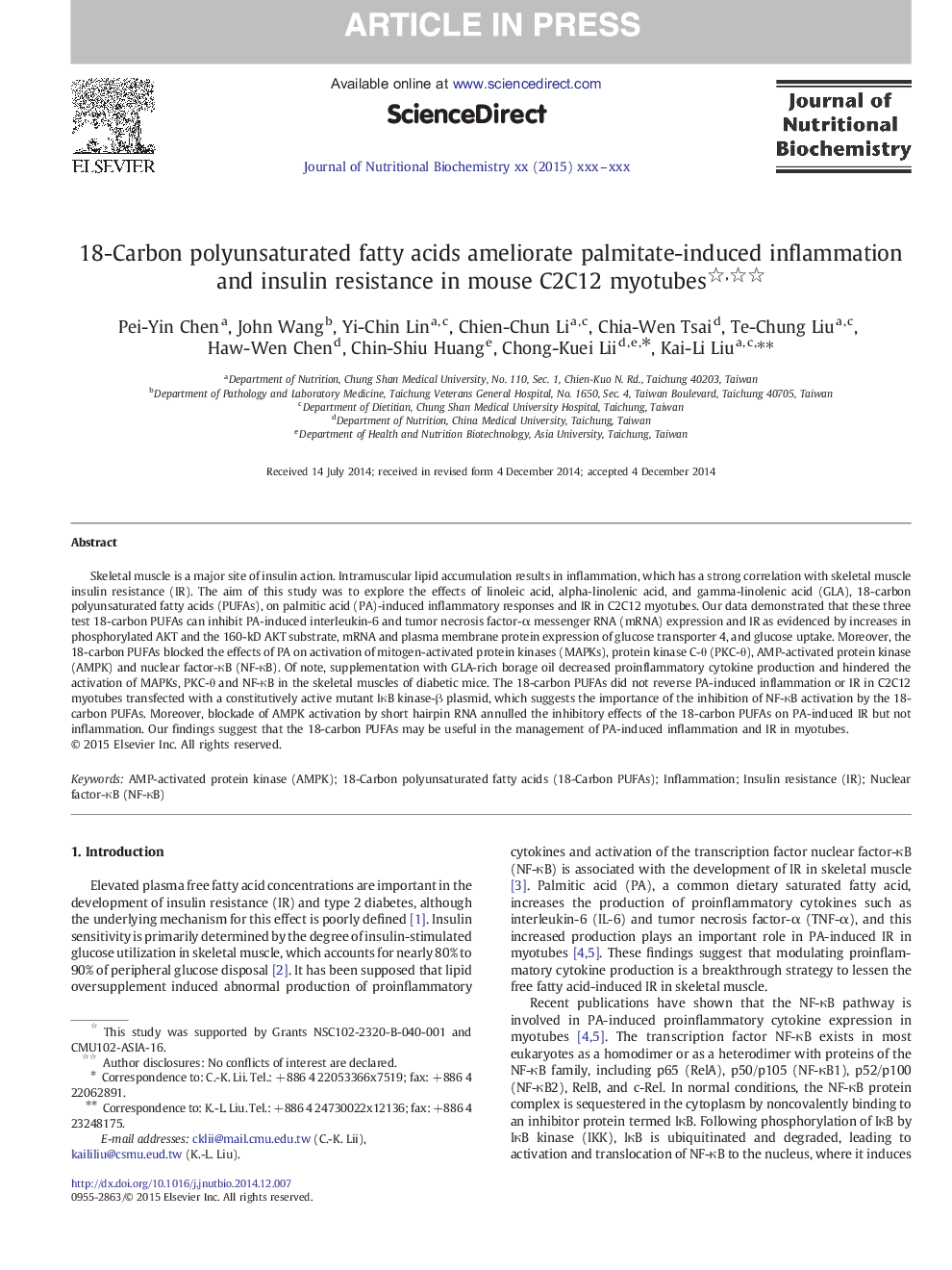 18-Carbon polyunsaturated fatty acids ameliorate palmitate-induced inflammation and insulin resistance in mouse C2C12 myotubes