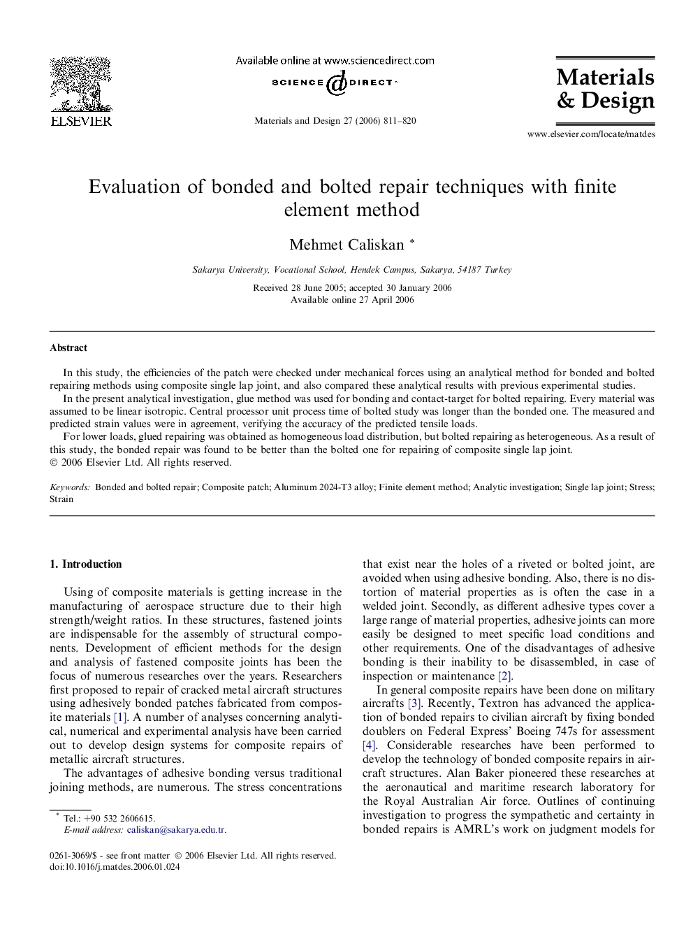 Evaluation of bonded and bolted repair techniques with finite element method