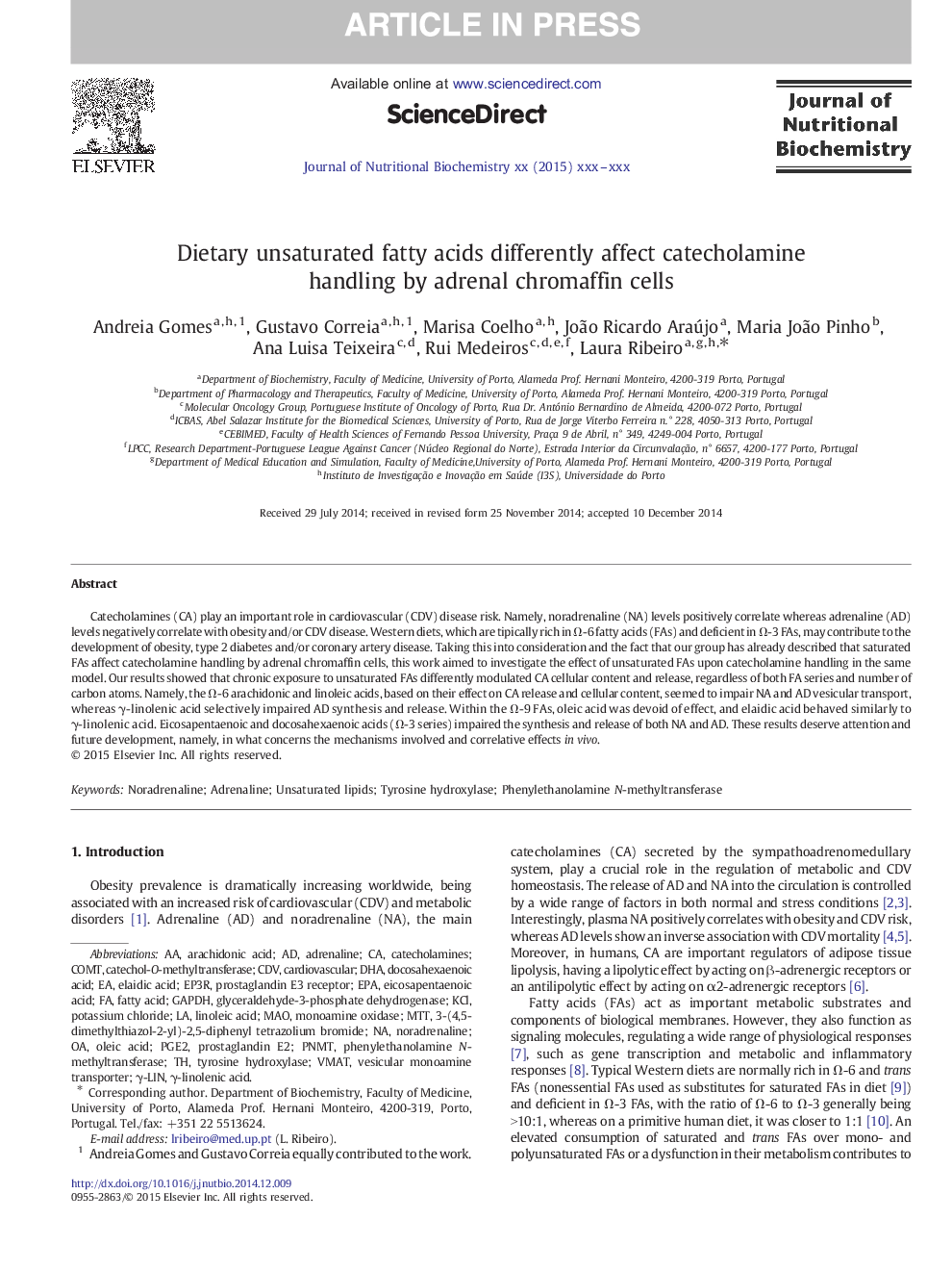 Dietary unsaturated fatty acids differently affect catecholamine handling by adrenal chromaffin cells