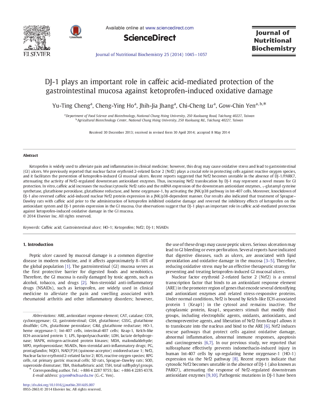 DJ-1 plays an important role in caffeic acid-mediated protection of the gastrointestinal mucosa against ketoprofen-induced oxidative damage