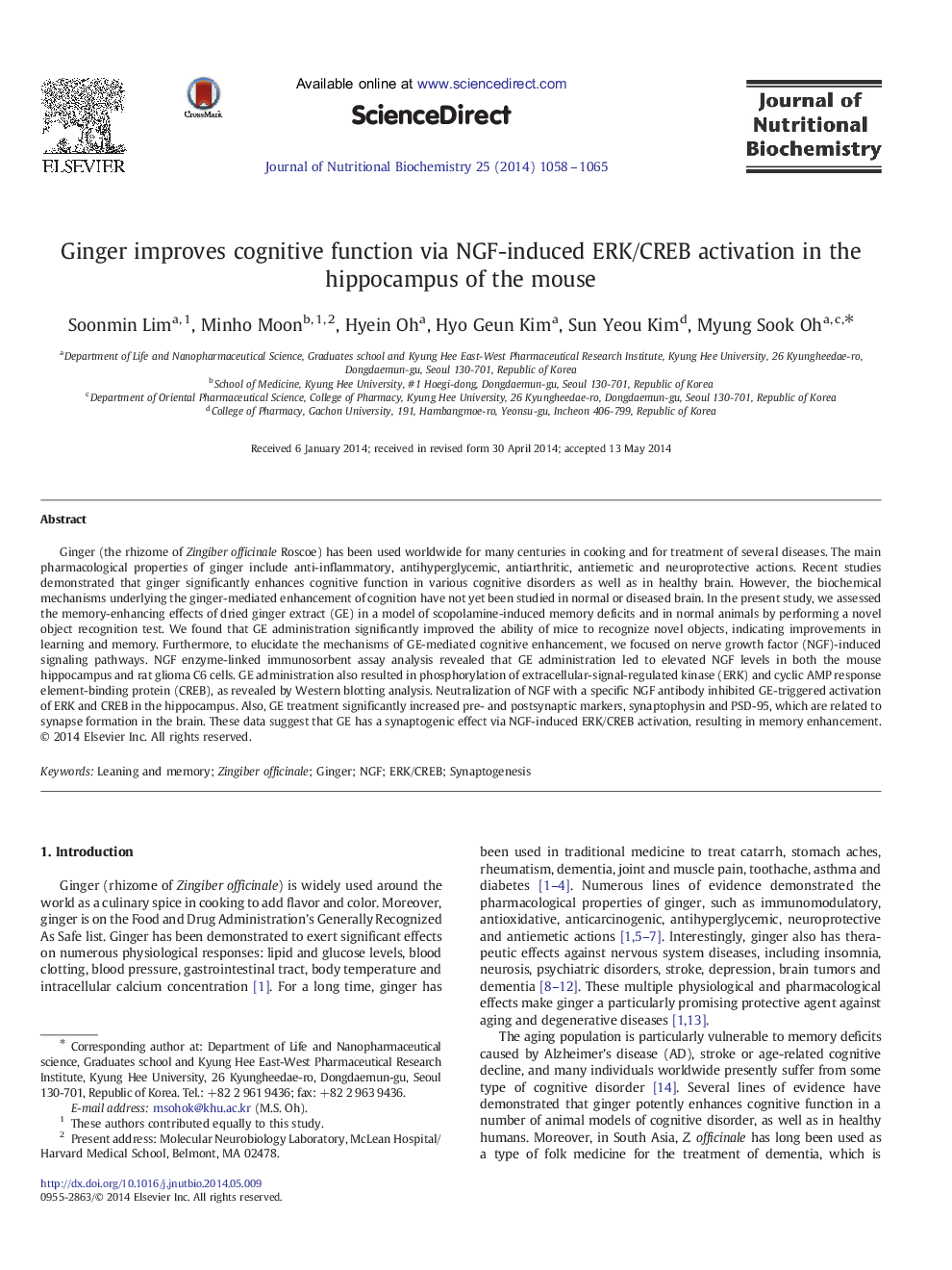 Ginger improves cognitive function via NGF-induced ERK/CREB activation in the hippocampus of the mouse