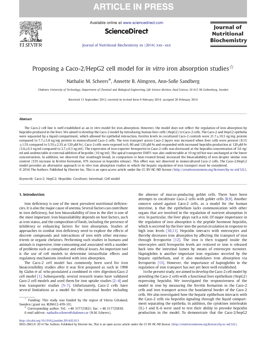 Proposing a Caco-2/HepG2 cell model for in vitro iron absorption studies