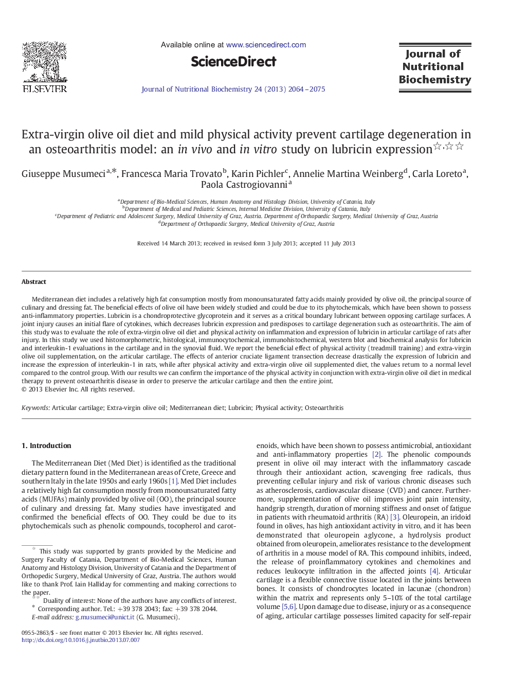 Extra-virgin olive oil diet and mild physical activity prevent cartilage degeneration in an osteoarthritis model: an in vivo and in vitro study on lubricin expression