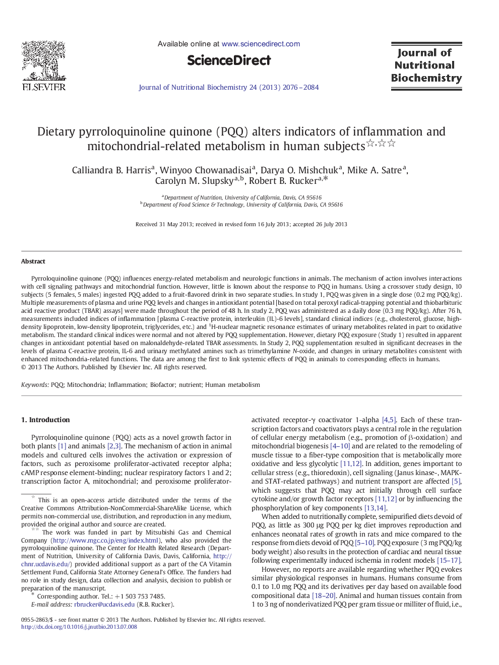 Dietary pyrroloquinoline quinone (PQQ) alters indicators of inflammation and mitochondrial-related metabolism in human subjects