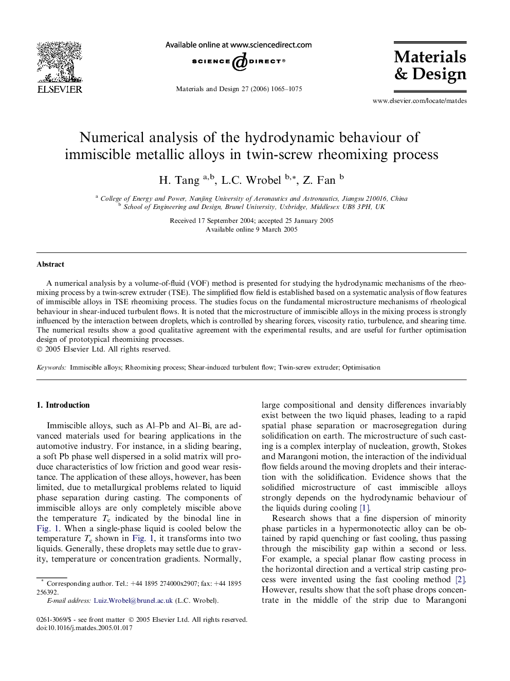Numerical analysis of the hydrodynamic behaviour of immiscible metallic alloys in twin-screw rheomixing process
