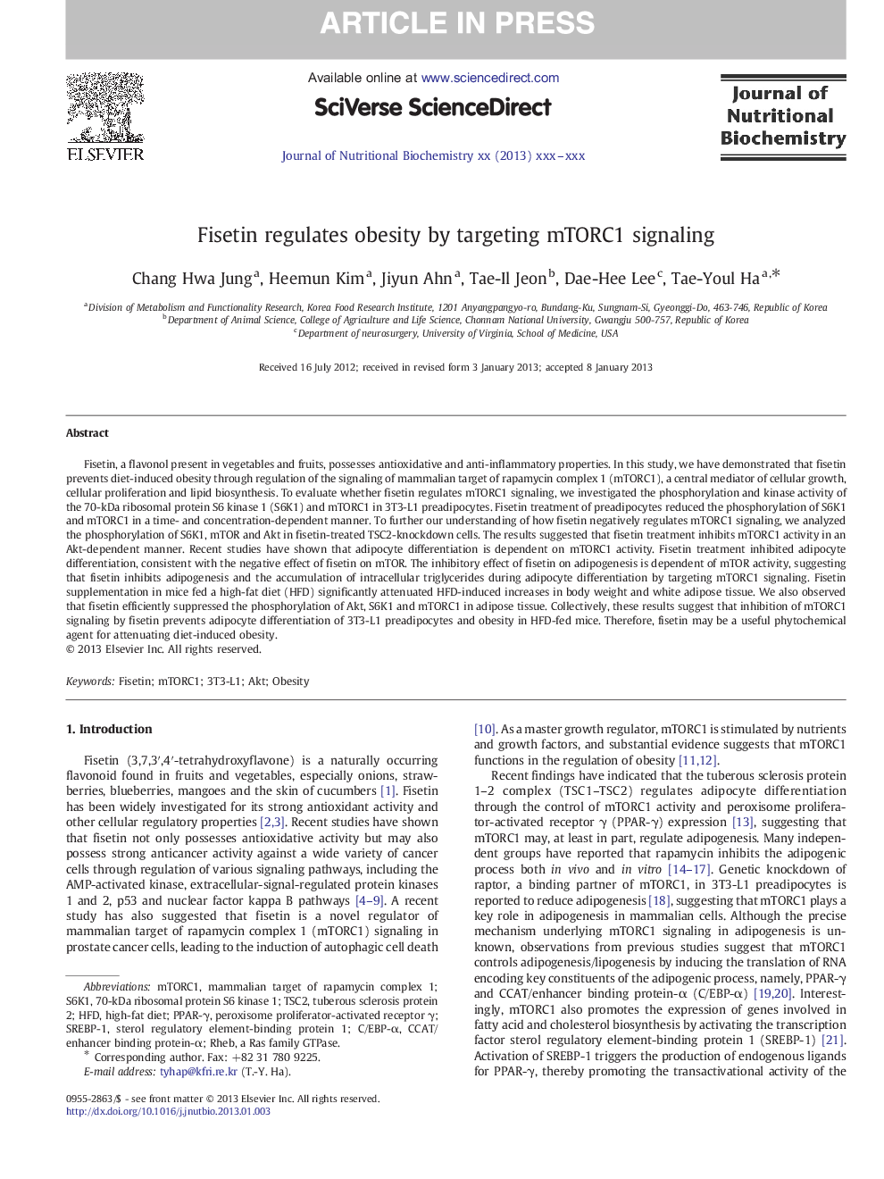 Fisetin regulates obesity by targeting mTORC1 signaling