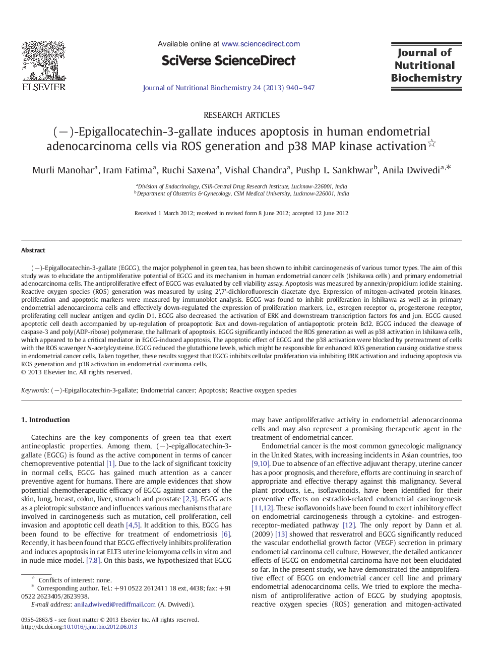 (â)-Epigallocatechin-3-gallate induces apoptosis in human endometrial adenocarcinoma cells via ROS generation and p38 MAP kinase activation