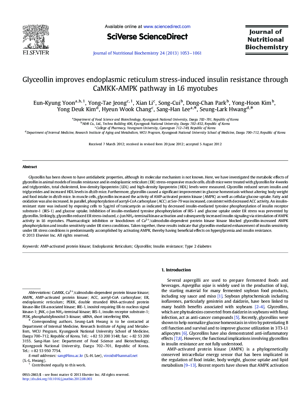 Glyceollin improves endoplasmic reticulum stress-induced insulin resistance through CaMKK-AMPK pathway in L6 myotubes