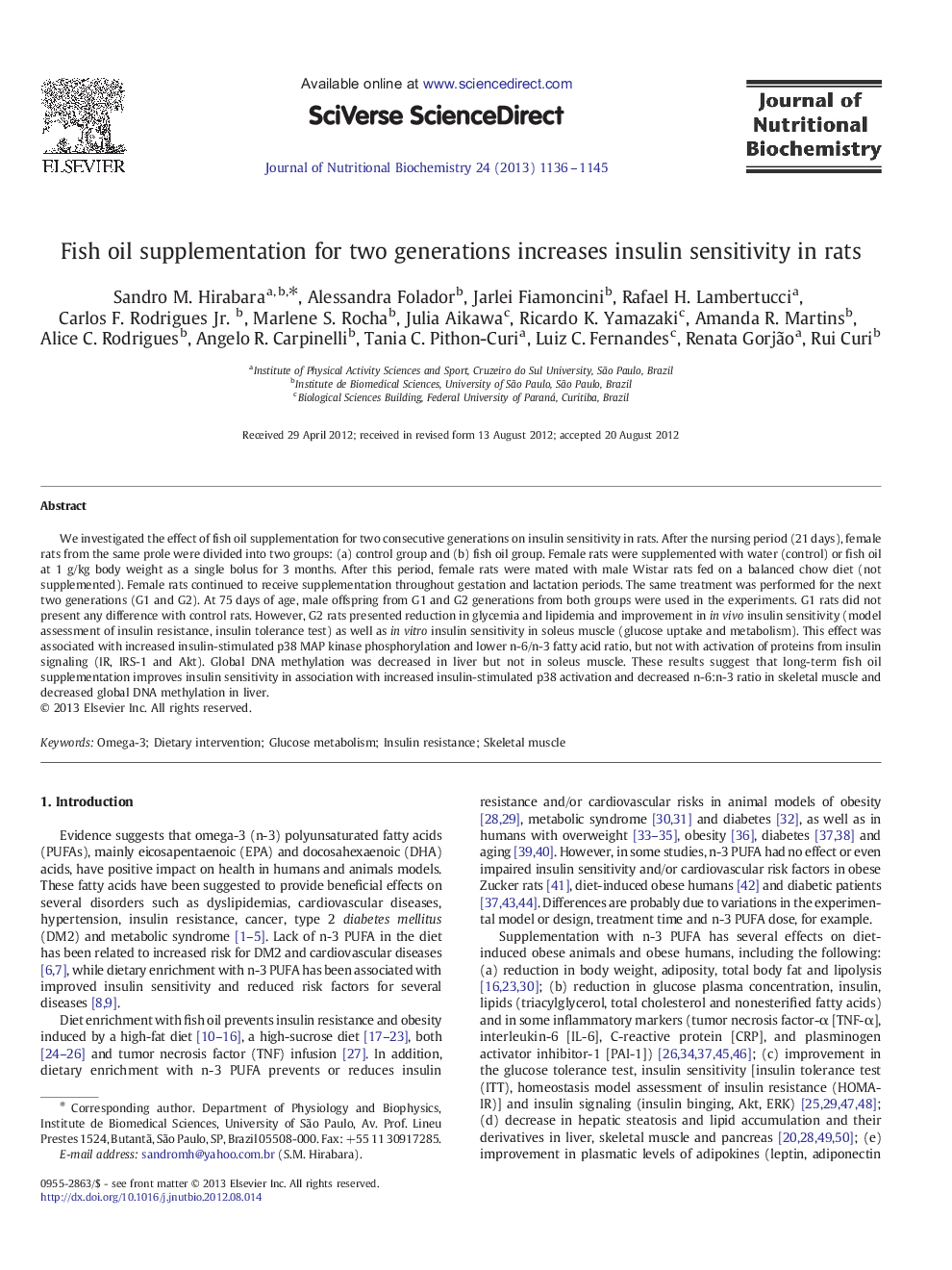 Fish oil supplementation for two generations increases insulin sensitivity in rats