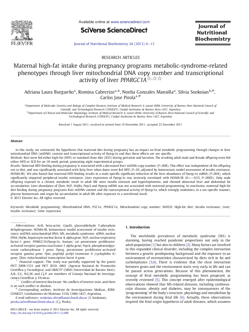 Maternal high-fat intake during pregnancy programs metabolic-syndrome-related phenotypes through liver mitochondrial DNA copy number and transcriptional activity of liver PPARGC1A