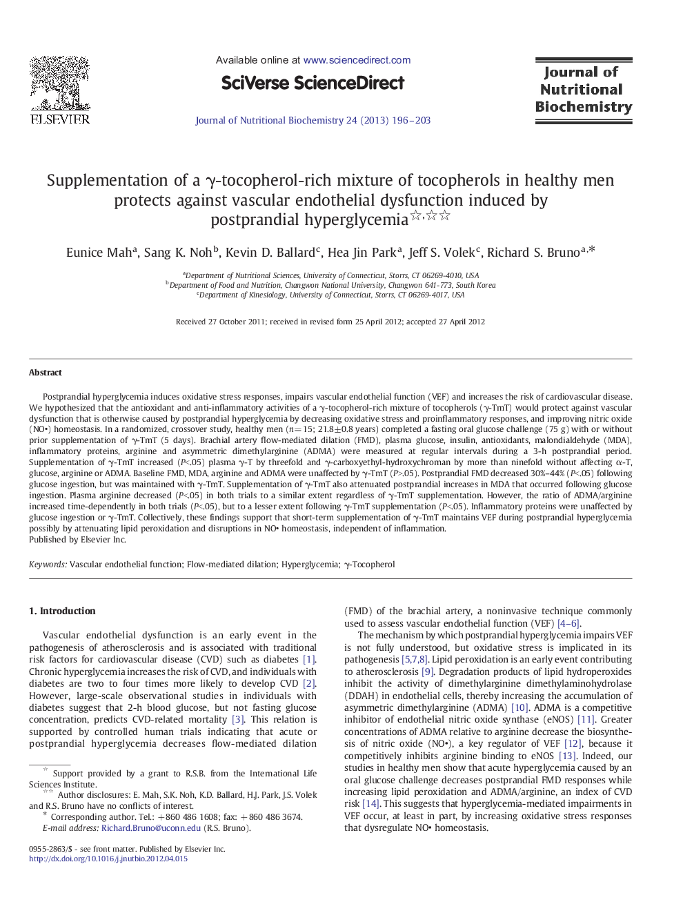 Supplementation of a Î³-tocopherol-rich mixture of tocopherols in healthy men protects against vascular endothelial dysfunction induced by postprandial hyperglycemia