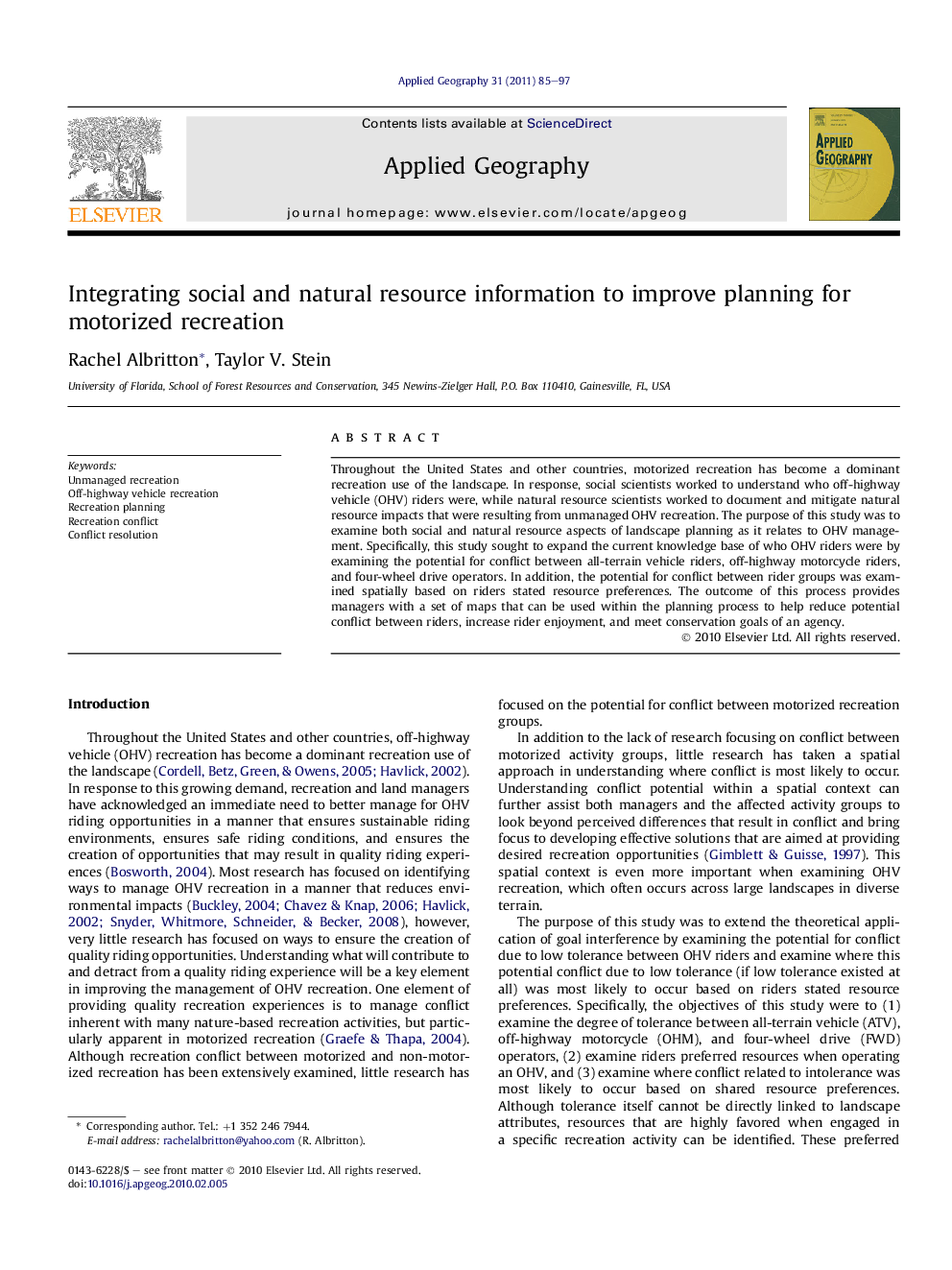 Integrating social and natural resource information to improve planning for motorized recreation