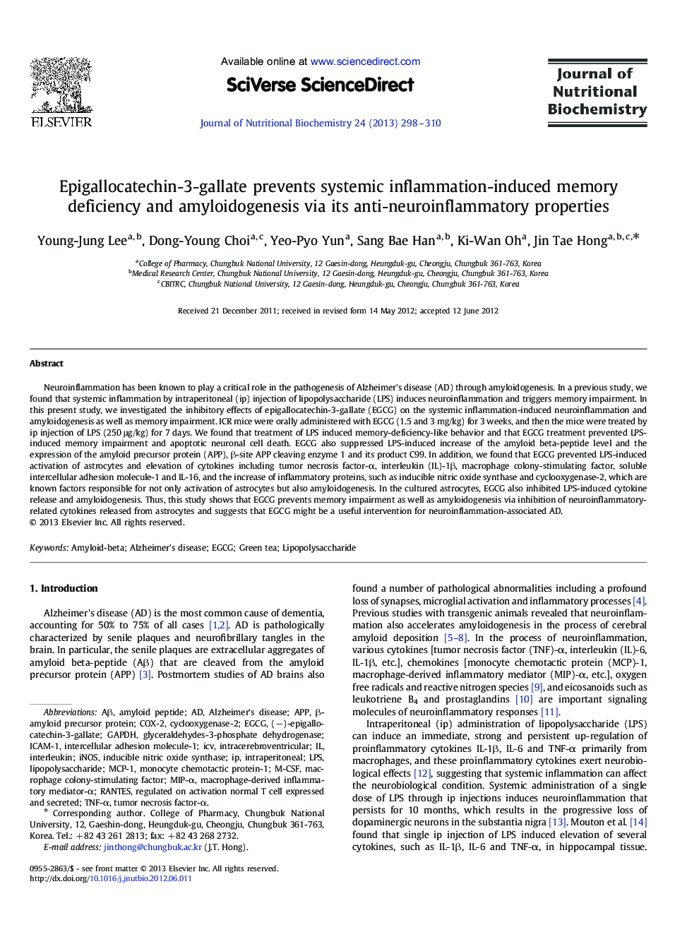 Epigallocatechin-3-gallate prevents systemic inflammation-induced memory deficiency and amyloidogenesis via its anti-neuroinflammatory properties