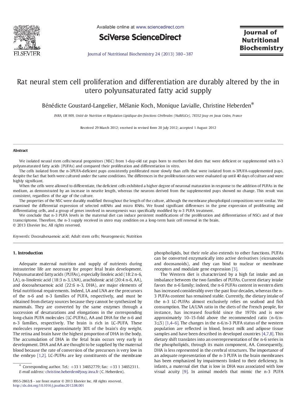 Rat neural stem cell proliferation and differentiation are durably altered by the in utero polyunsaturated fatty acid supply