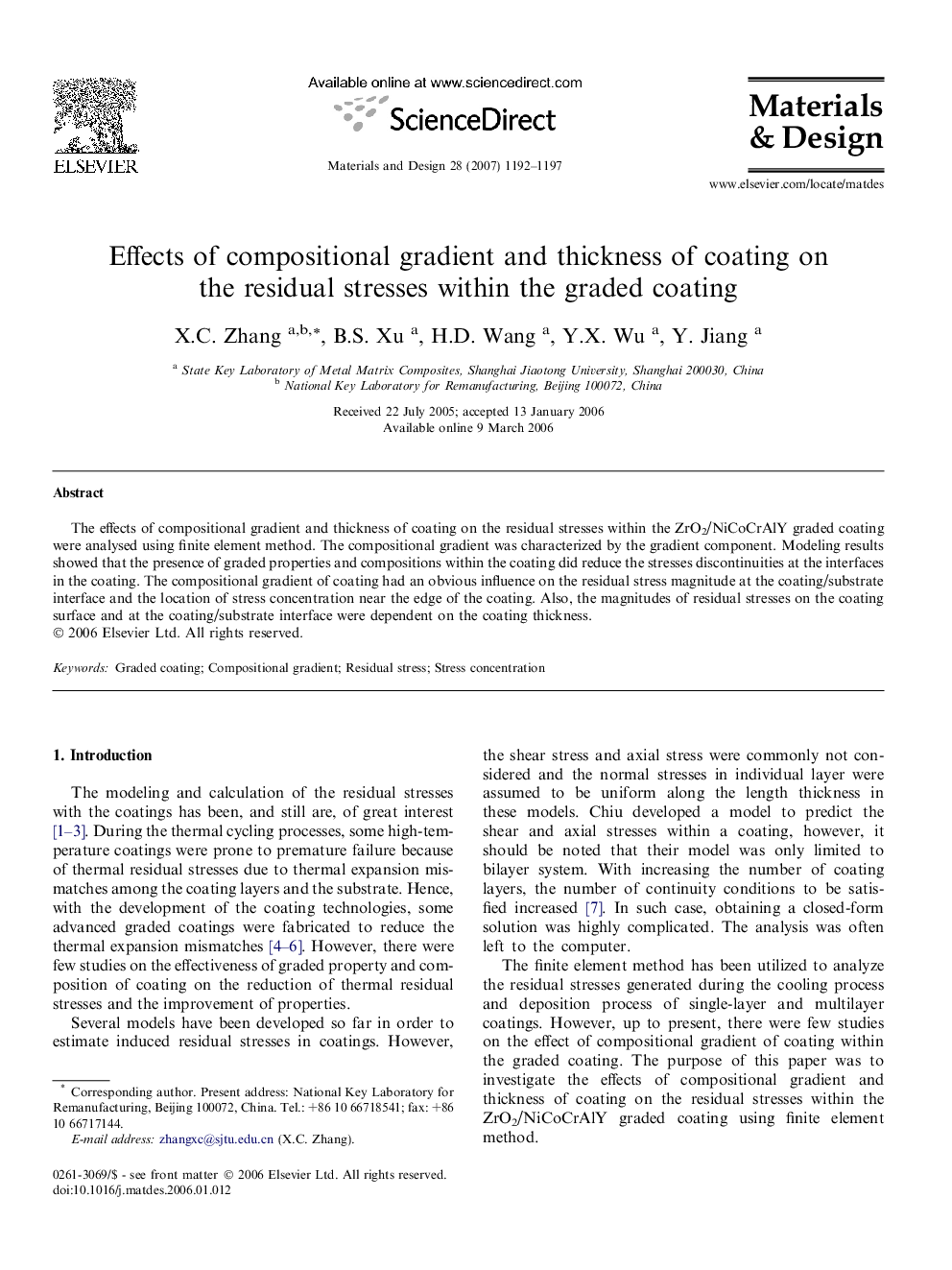 Effects of compositional gradient and thickness of coating on the residual stresses within the graded coating