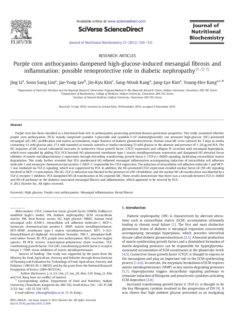 Purple corn anthocyanins dampened high-glucose-induced mesangial fibrosis and inflammation: possible renoprotective role in diabetic nephropathy