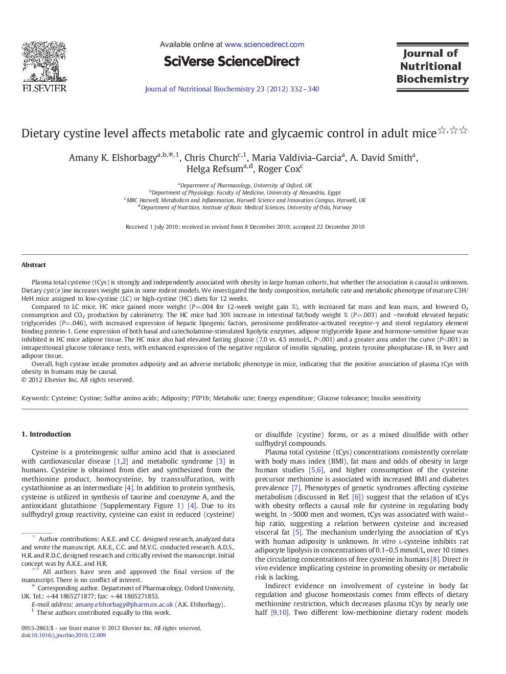 Dietary cystine level affects metabolic rate and glycaemic control in adult mice