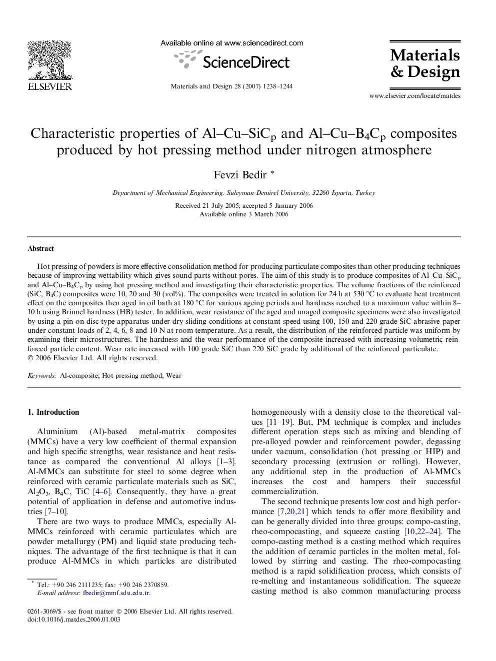 Characteristic properties of Al–Cu–SiCp and Al–Cu–B4Cp composites produced by hot pressing method under nitrogen atmosphere