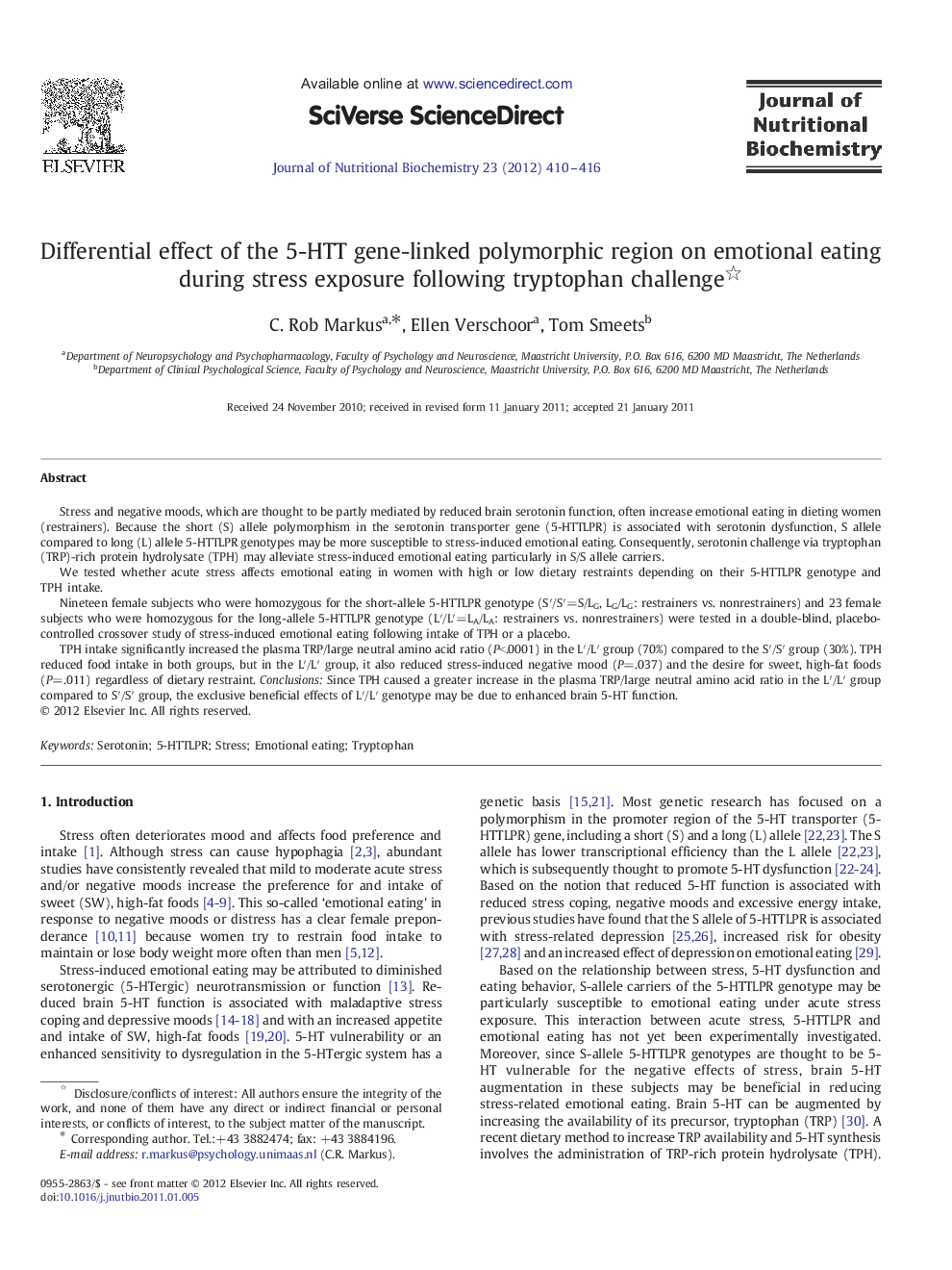 Differential effect of the 5-HTT gene-linked polymorphic region on emotional eating during stress exposure following tryptophan challenge