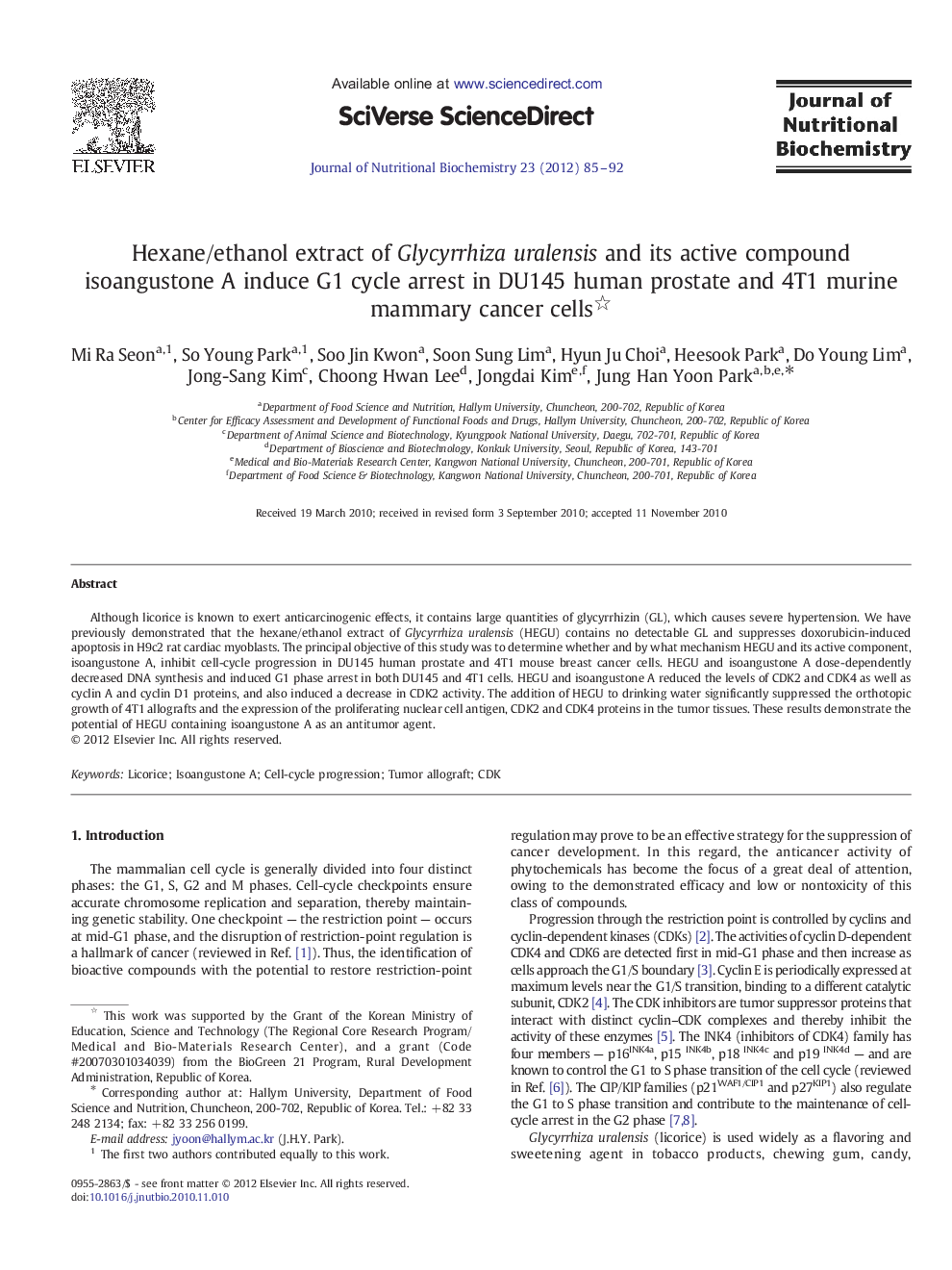 Hexane/ethanol extract of Glycyrrhiza uralensis and its active compound isoangustone A induce G1 cycle arrest in DU145 human prostate and 4T1 murine mammary cancer cells