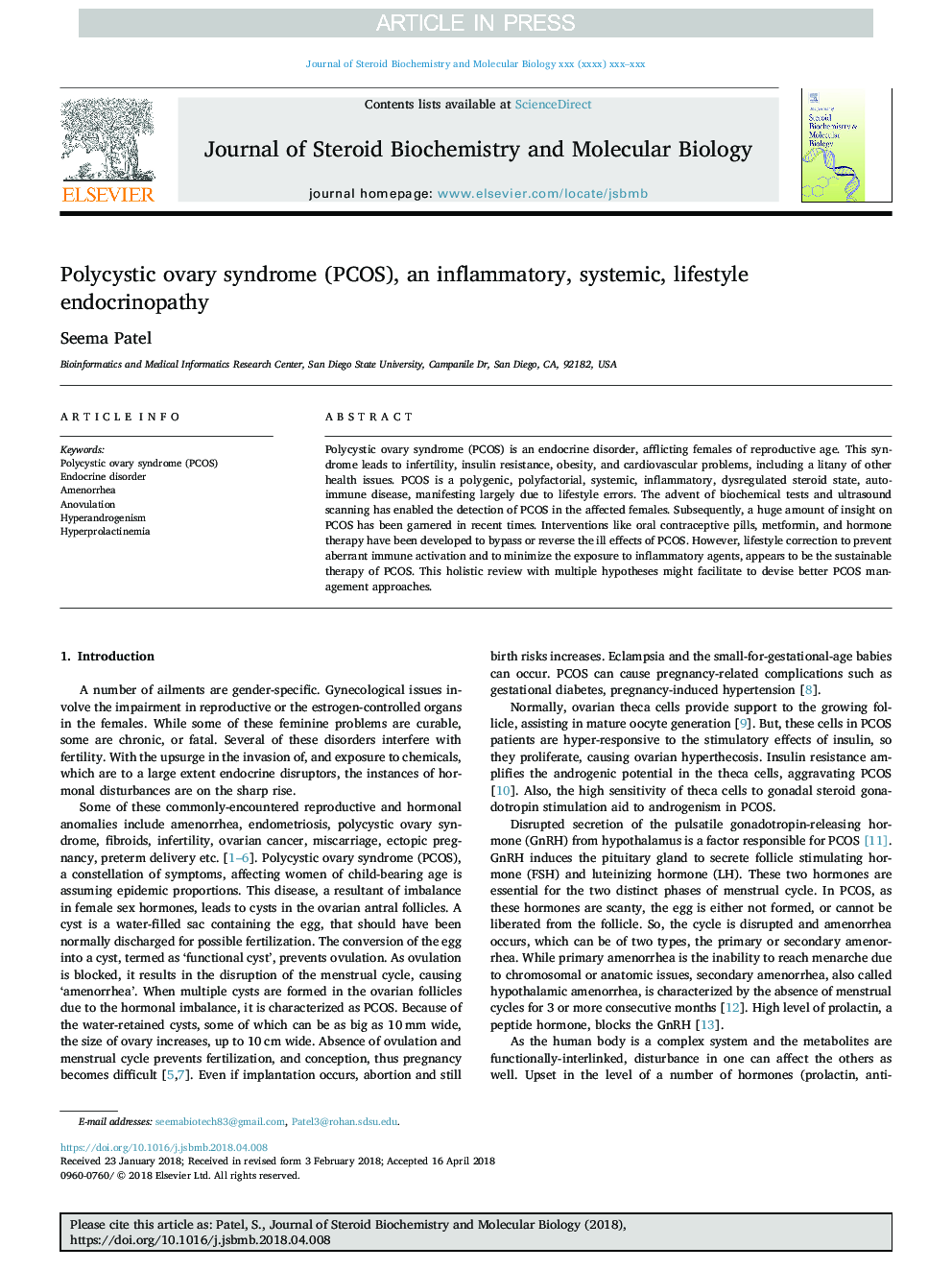 Polycystic ovary syndrome (PCOS), an inflammatory, systemic, lifestyle endocrinopathy