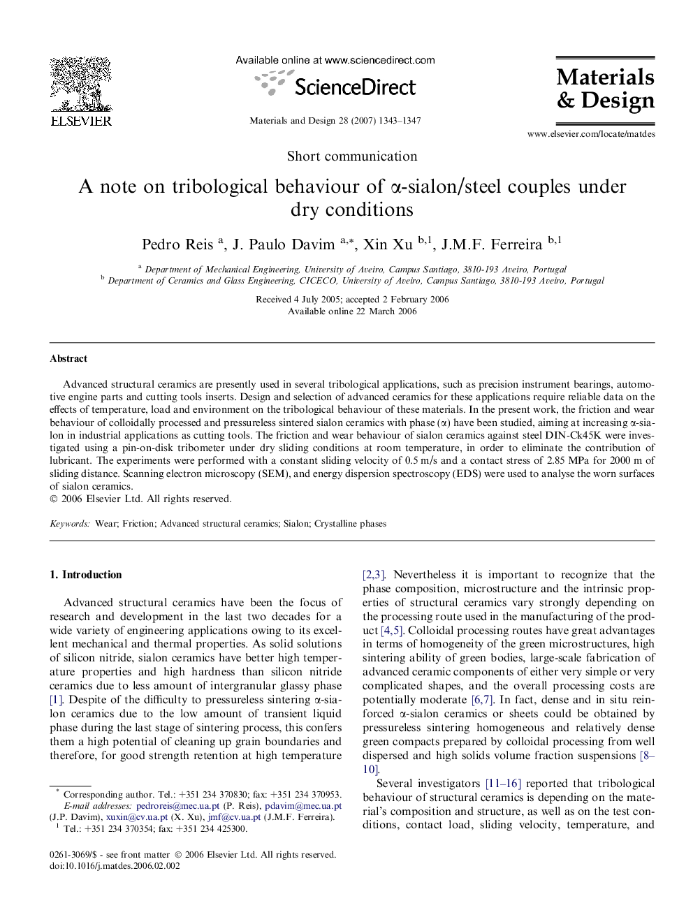 A note on tribological behaviour of α-sialon/steel couples under dry conditions