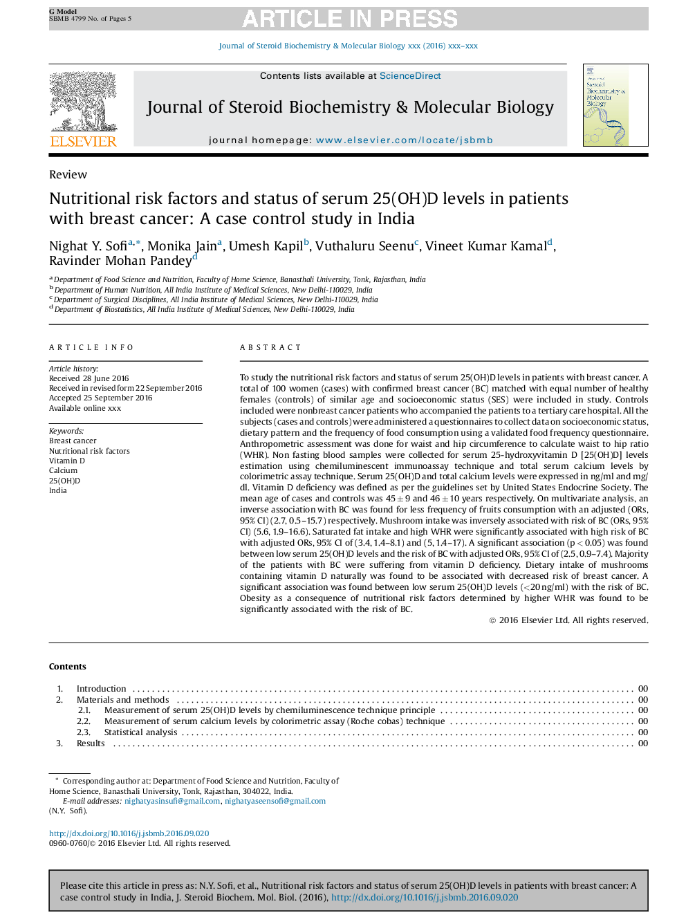 Nutritional risk factors and status of serum 25(OH)D levels in patients with breast cancer: A case control study in India