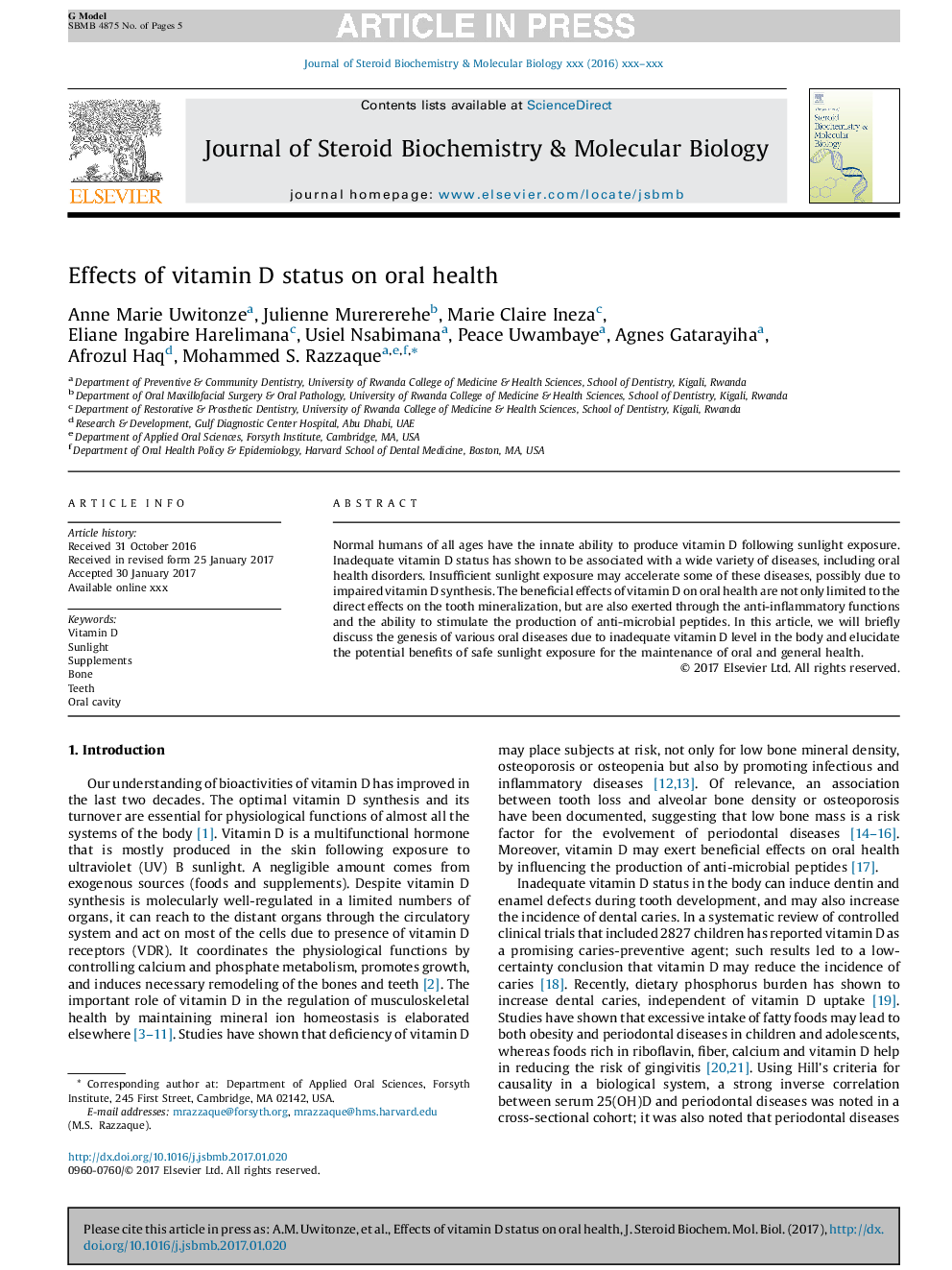 Effects of vitamin D status on oral health