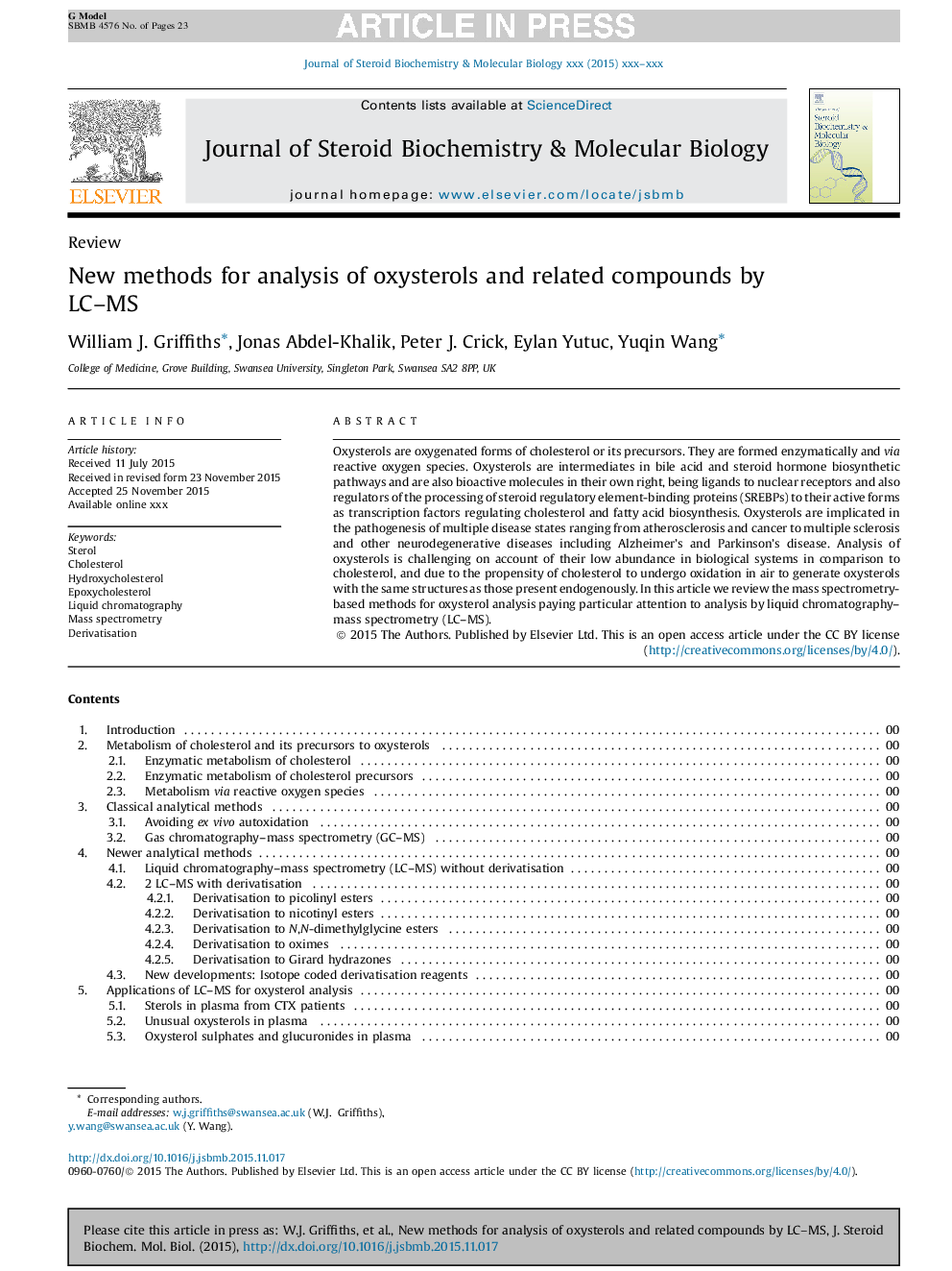 New methods for analysis of oxysterols and related compounds by LC-MS