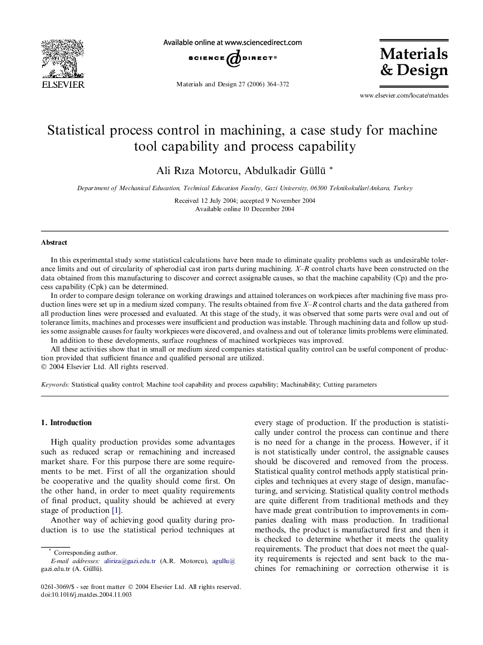 Statistical process control in machining, a case study for machine tool capability and process capability