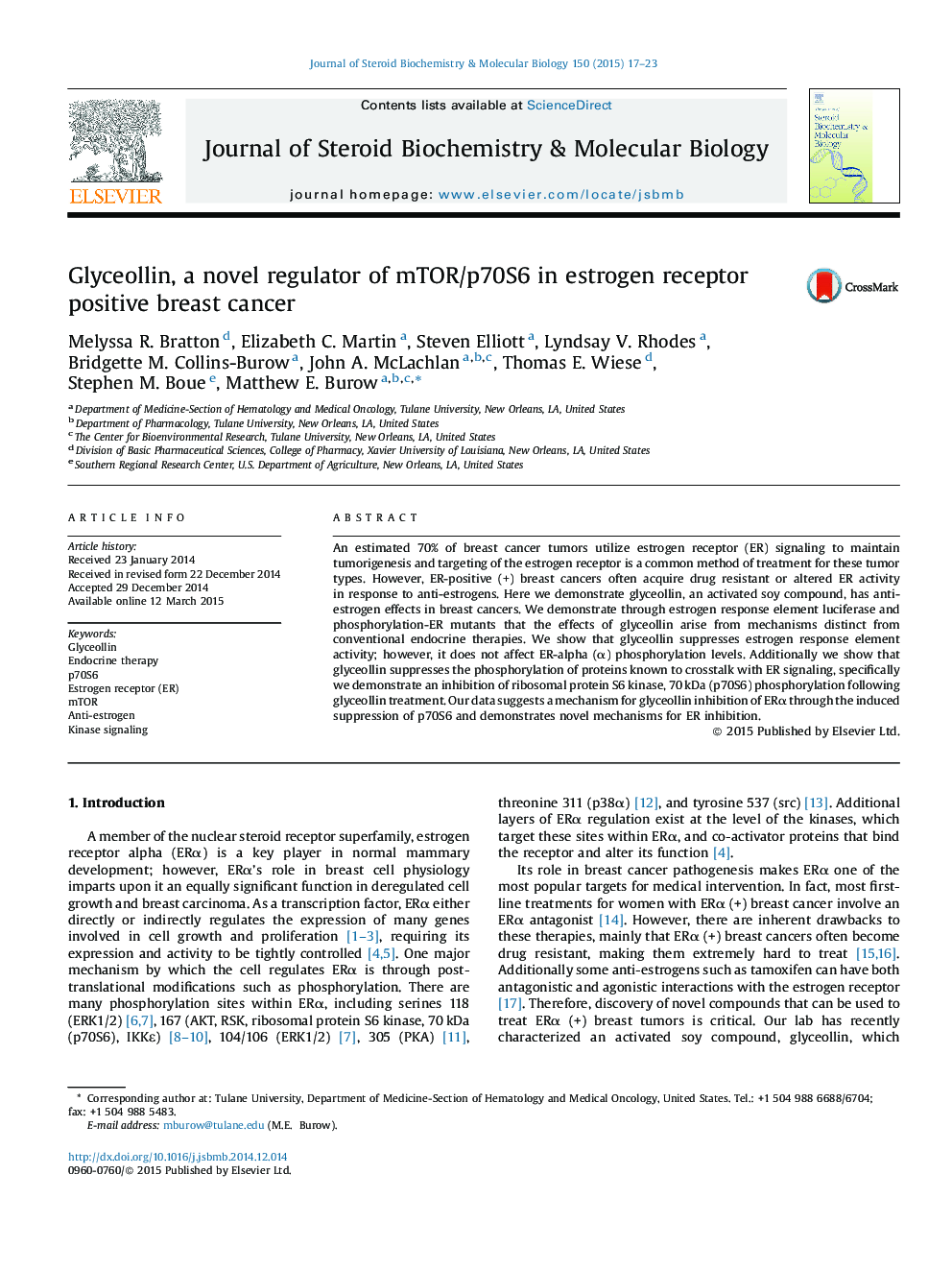 Glyceollin, a novel regulator of mTOR/p70S6 in estrogen receptor positive breast cancer