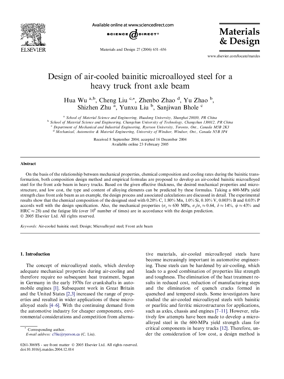 Design of air-cooled bainitic microalloyed steel for a heavy truck front axle beam