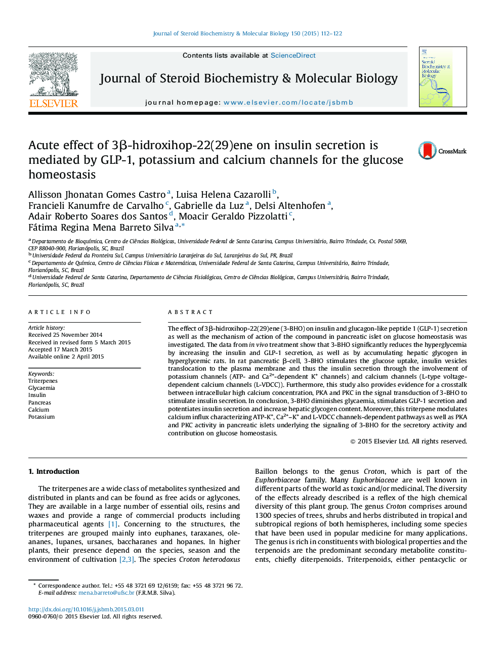 Acute effect of 3Î²-hidroxihop-22(29)ene on insulin secretion is mediated by GLP-1, potassium and calcium channels for the glucose homeostasis