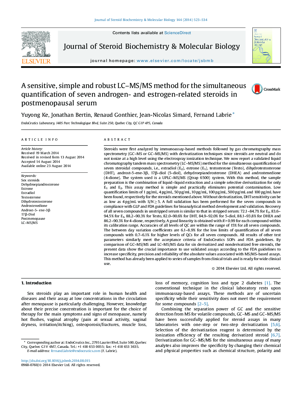 A sensitive, simple and robust LC-MS/MS method for the simultaneous quantification of seven androgen- and estrogen-related steroids in postmenopausal serum