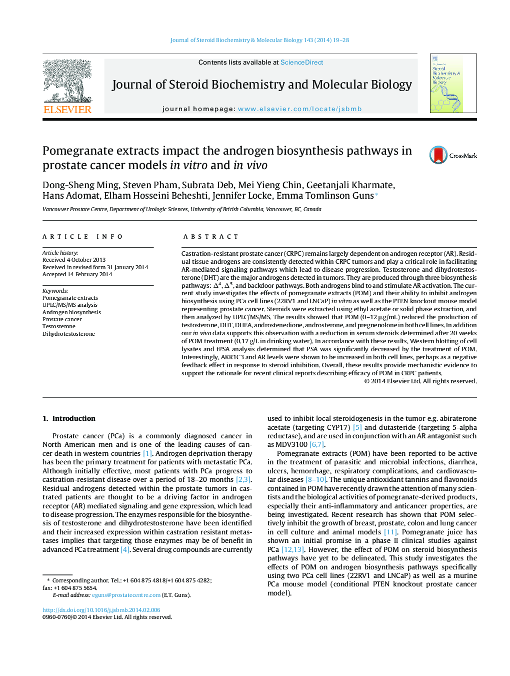 Pomegranate extracts impact the androgen biosynthesis pathways in prostate cancer models in vitro and in vivo