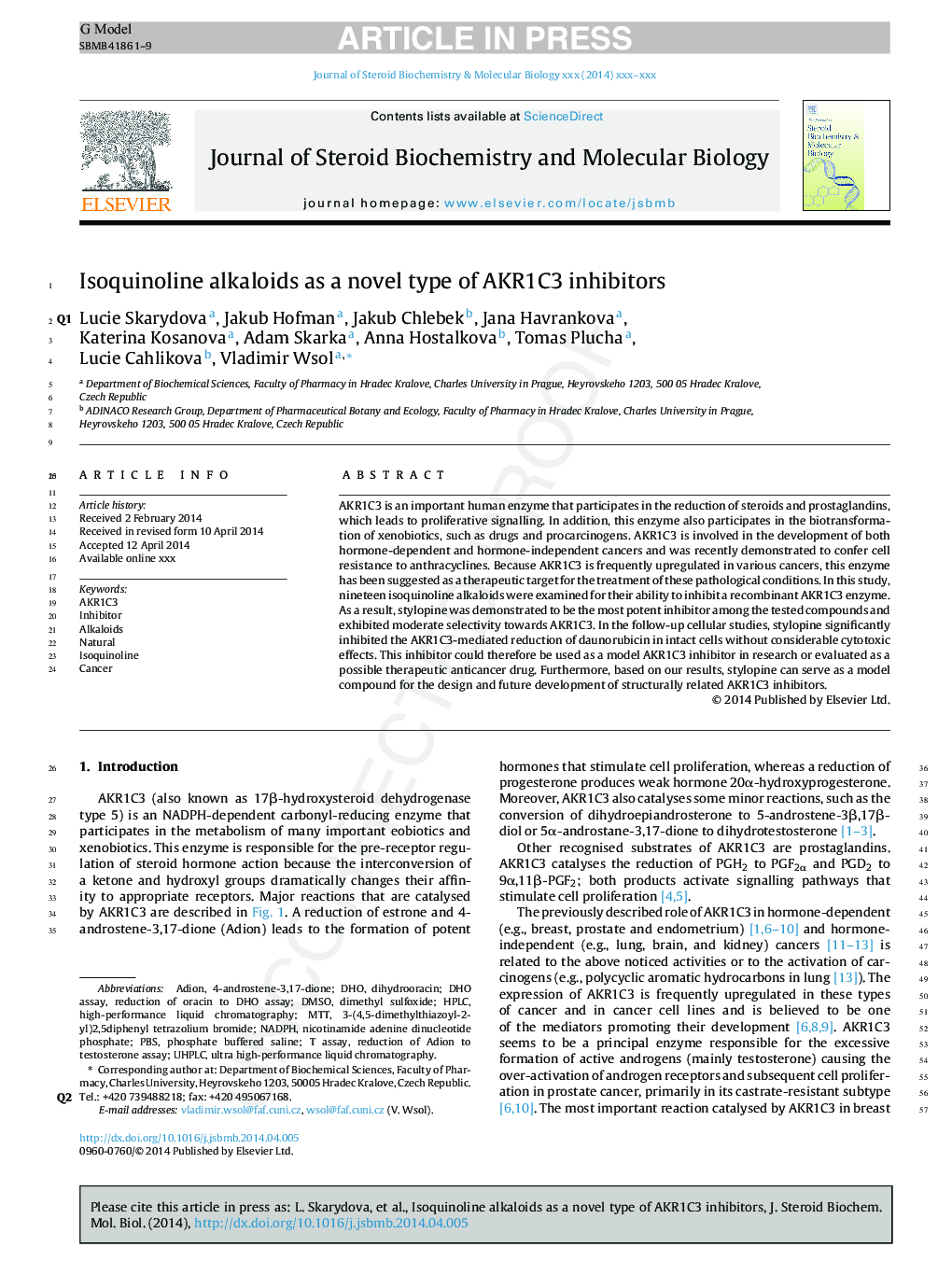 Isoquinoline alkaloids as a novel type of AKR1C3 inhibitors