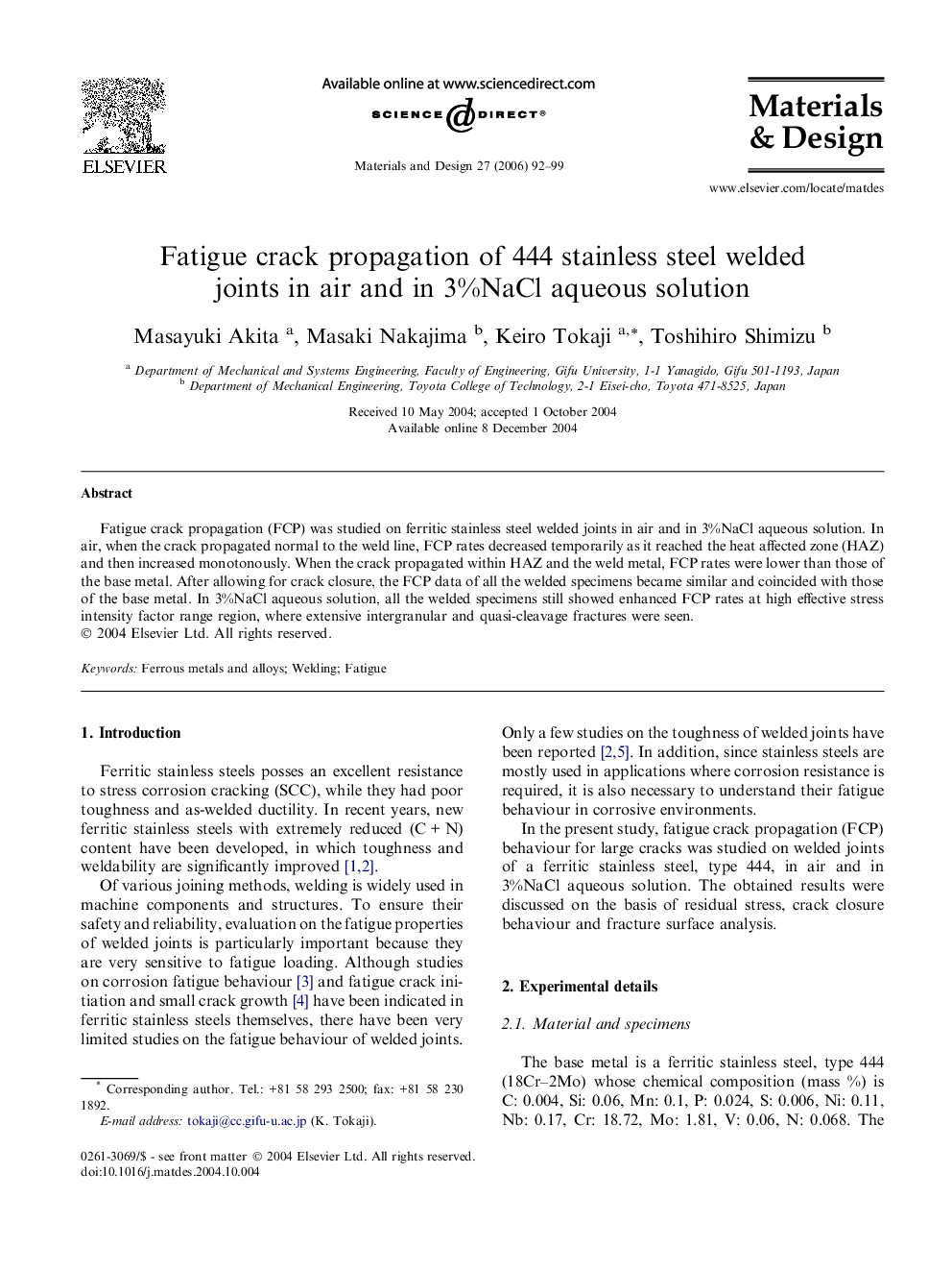 Fatigue crack propagation of 444 stainless steel welded joints in air and in 3%NaCl aqueous solution