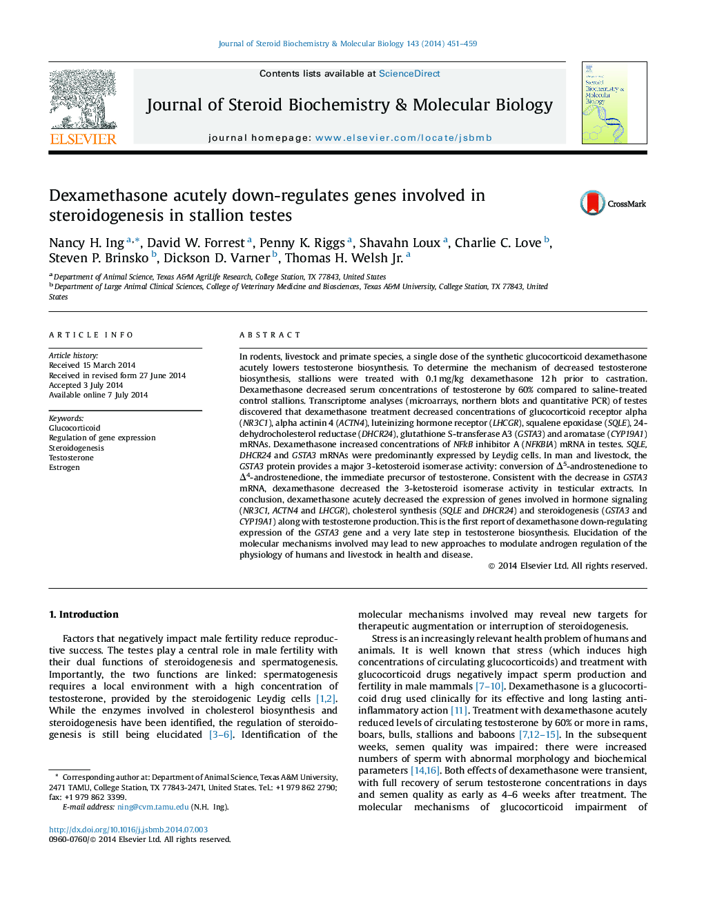 Dexamethasone acutely down-regulates genes involved in steroidogenesis in stallion testes