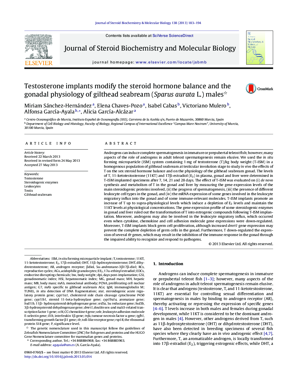 Testosterone implants modify the steroid hormone balance and the gonadal physiology of gilthead seabream (Sparus aurata L.) males