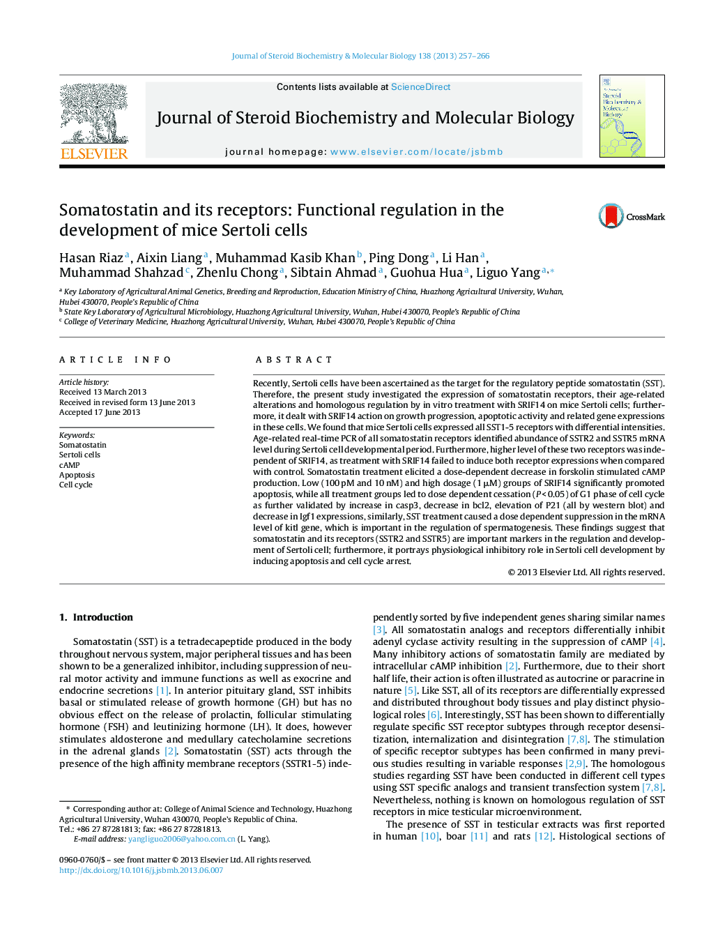 Somatostatin and its receptors: Functional regulation in the development of mice Sertoli cells