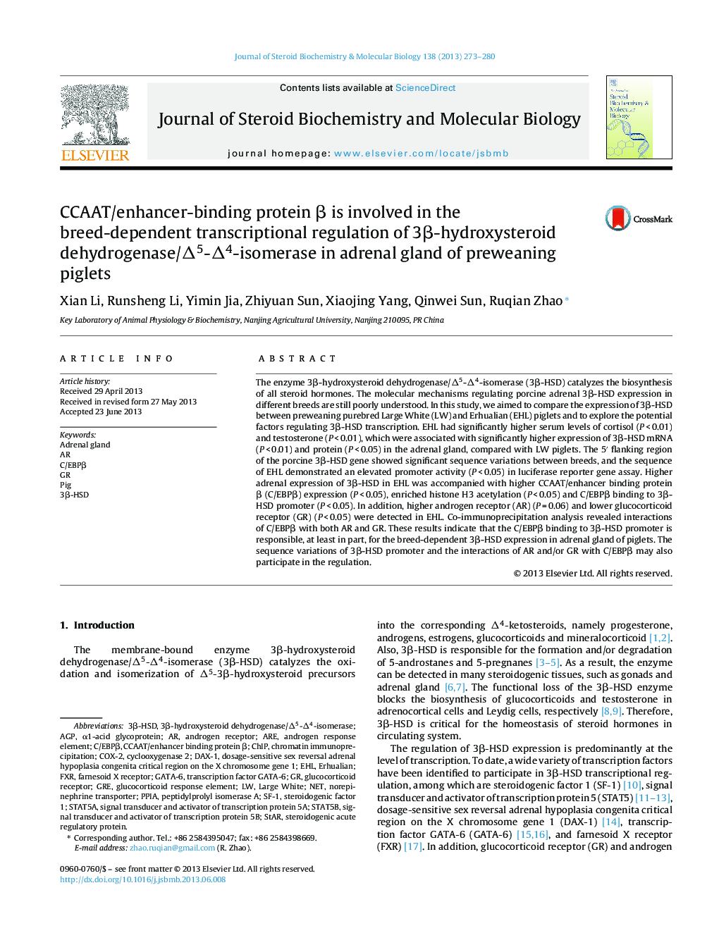 CCAAT/enhancer-binding protein Î² is involved in the breed-dependent transcriptional regulation of 3Î²-hydroxysteroid dehydrogenase/Î5-Î4-isomerase in adrenal gland of preweaning piglets