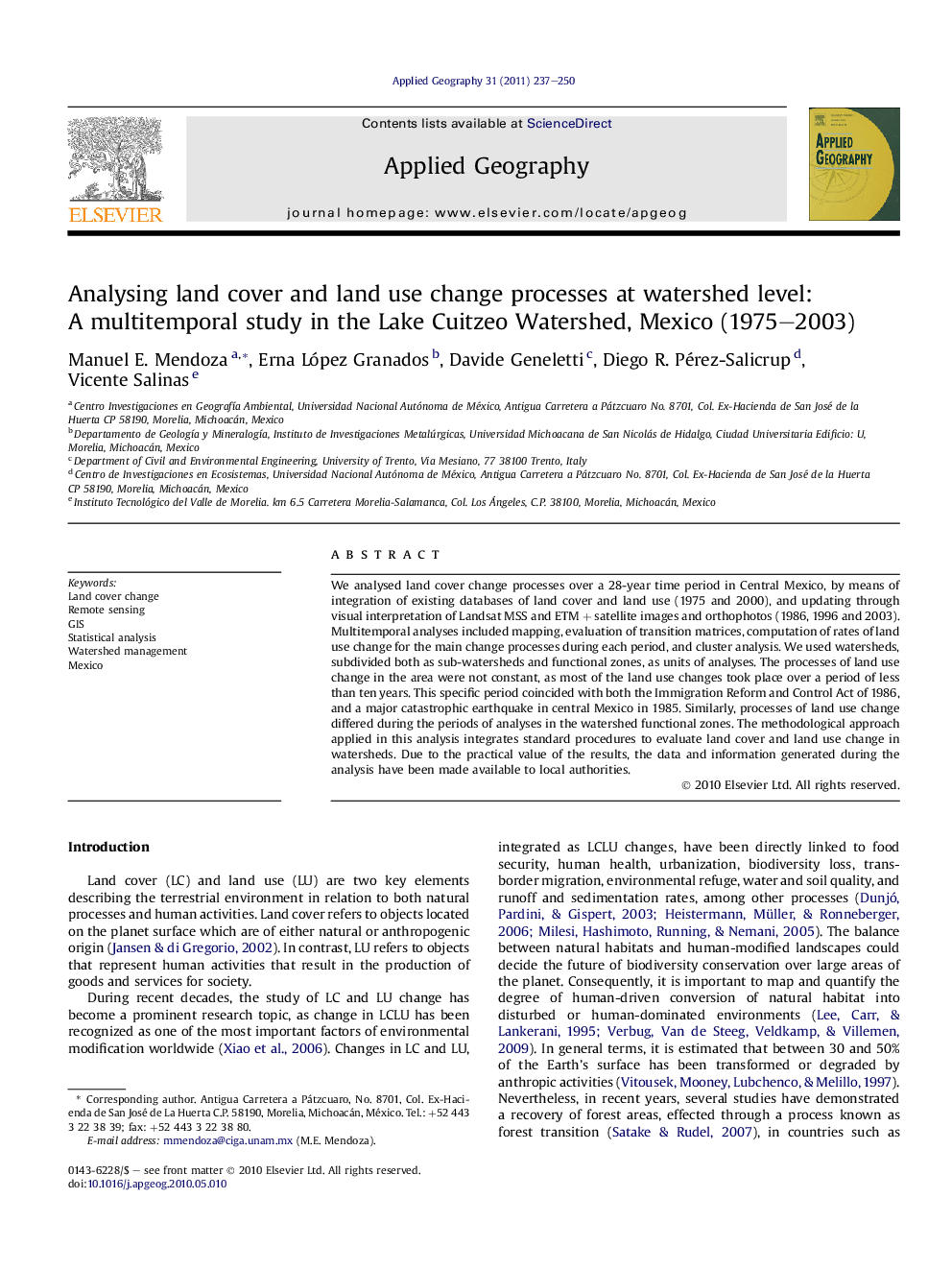 Analysing land cover and land use change processes at watershed level: A multitemporal study in the Lake Cuitzeo Watershed, Mexico (1975–2003)