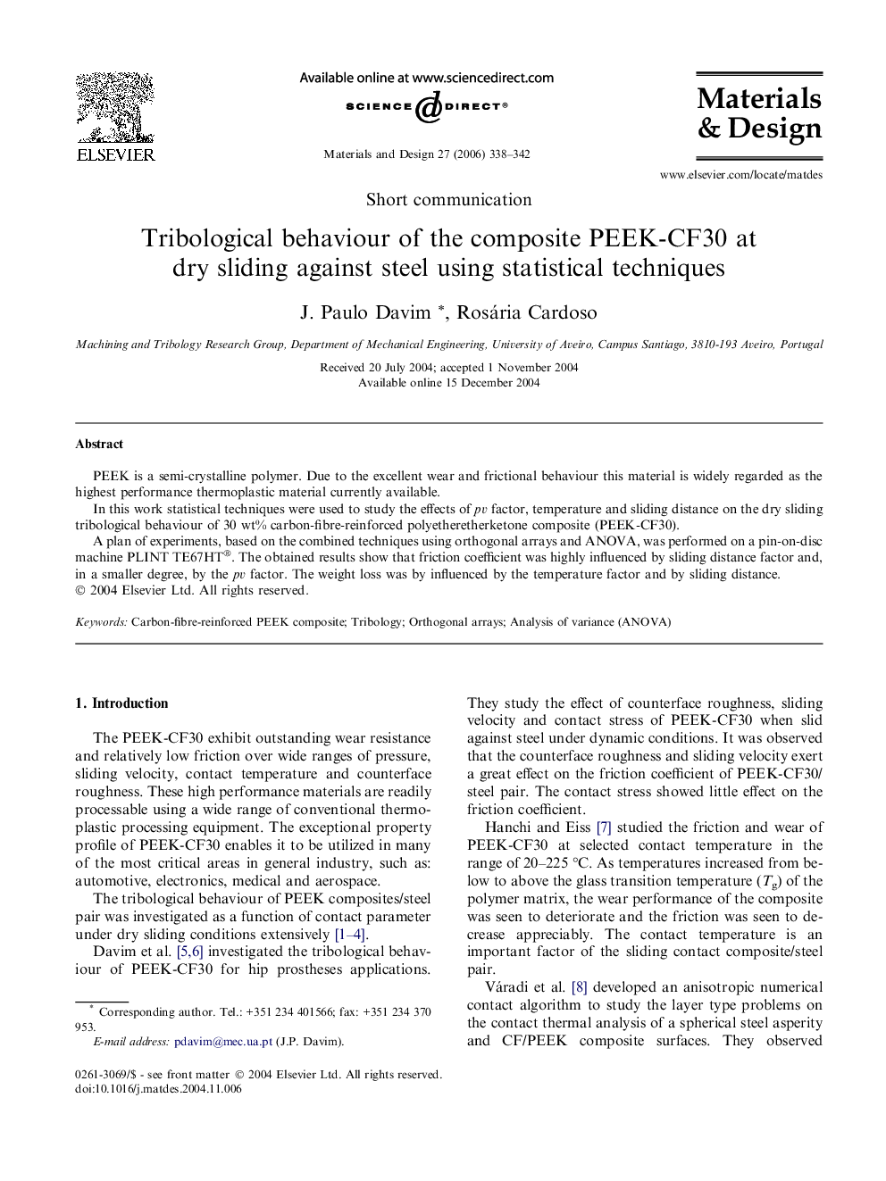 Tribological behaviour of the composite PEEK-CF30 at dry sliding against steel using statistical techniques