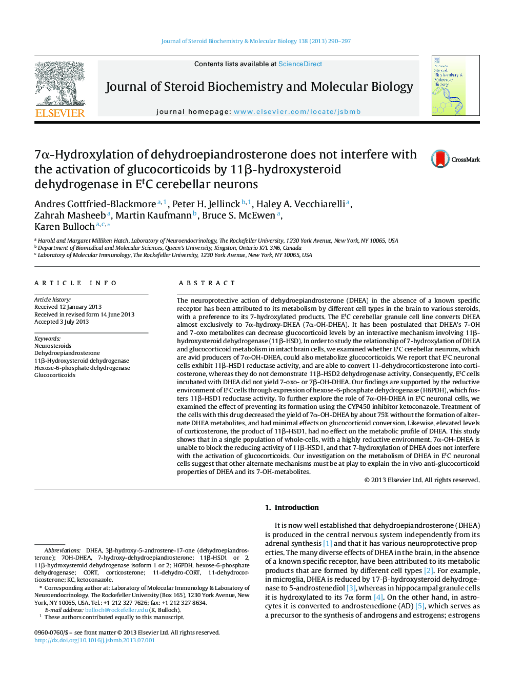 7Î±-Hydroxylation of dehydroepiandrosterone does not interfere with the activation of glucocorticoids by 11Î²-hydroxysteroid dehydrogenase in EtC cerebellar neurons