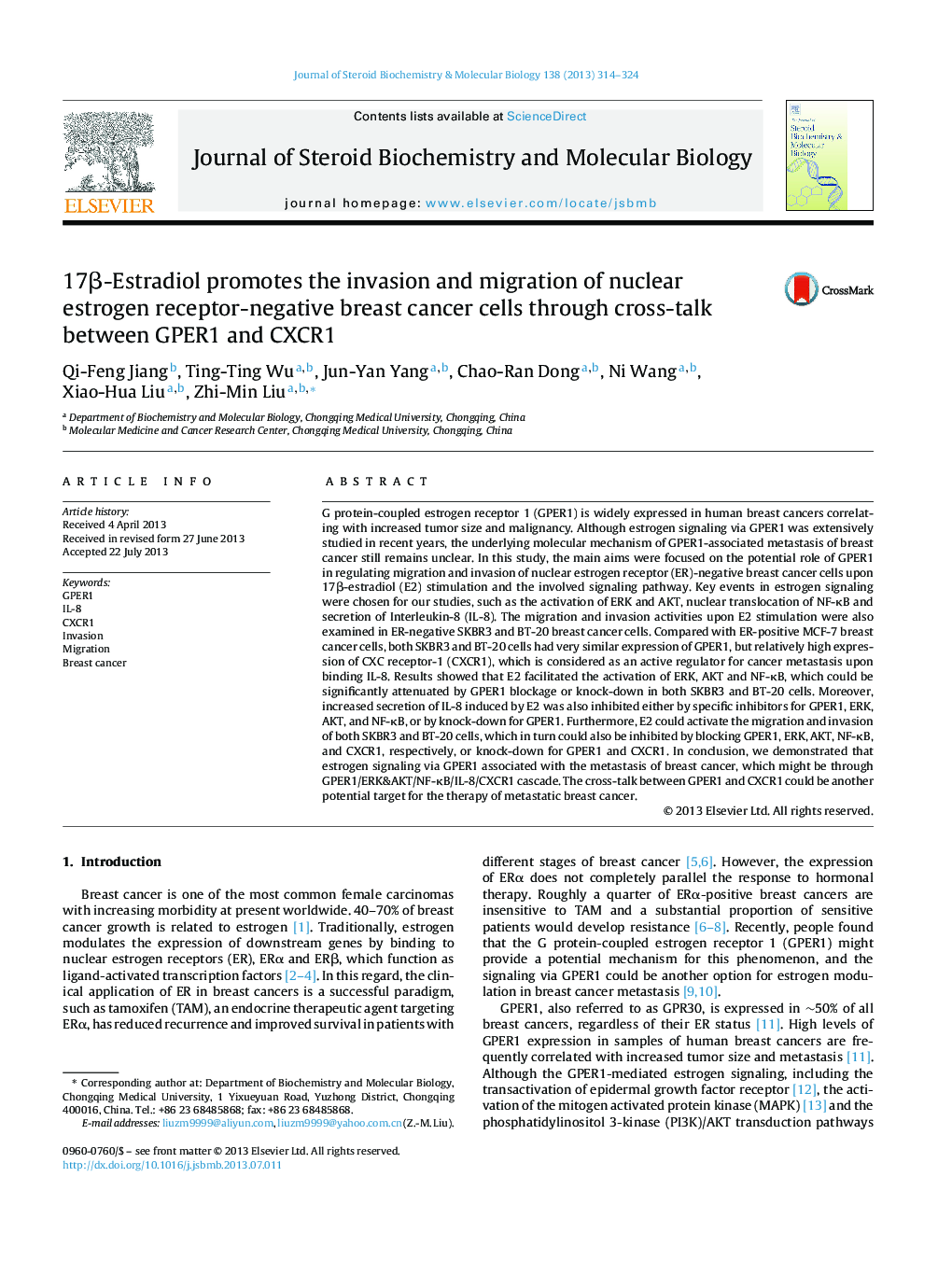 17Î²-Estradiol promotes the invasion and migration of nuclear estrogen receptor-negative breast cancer cells through cross-talk between GPER1 and CXCR1