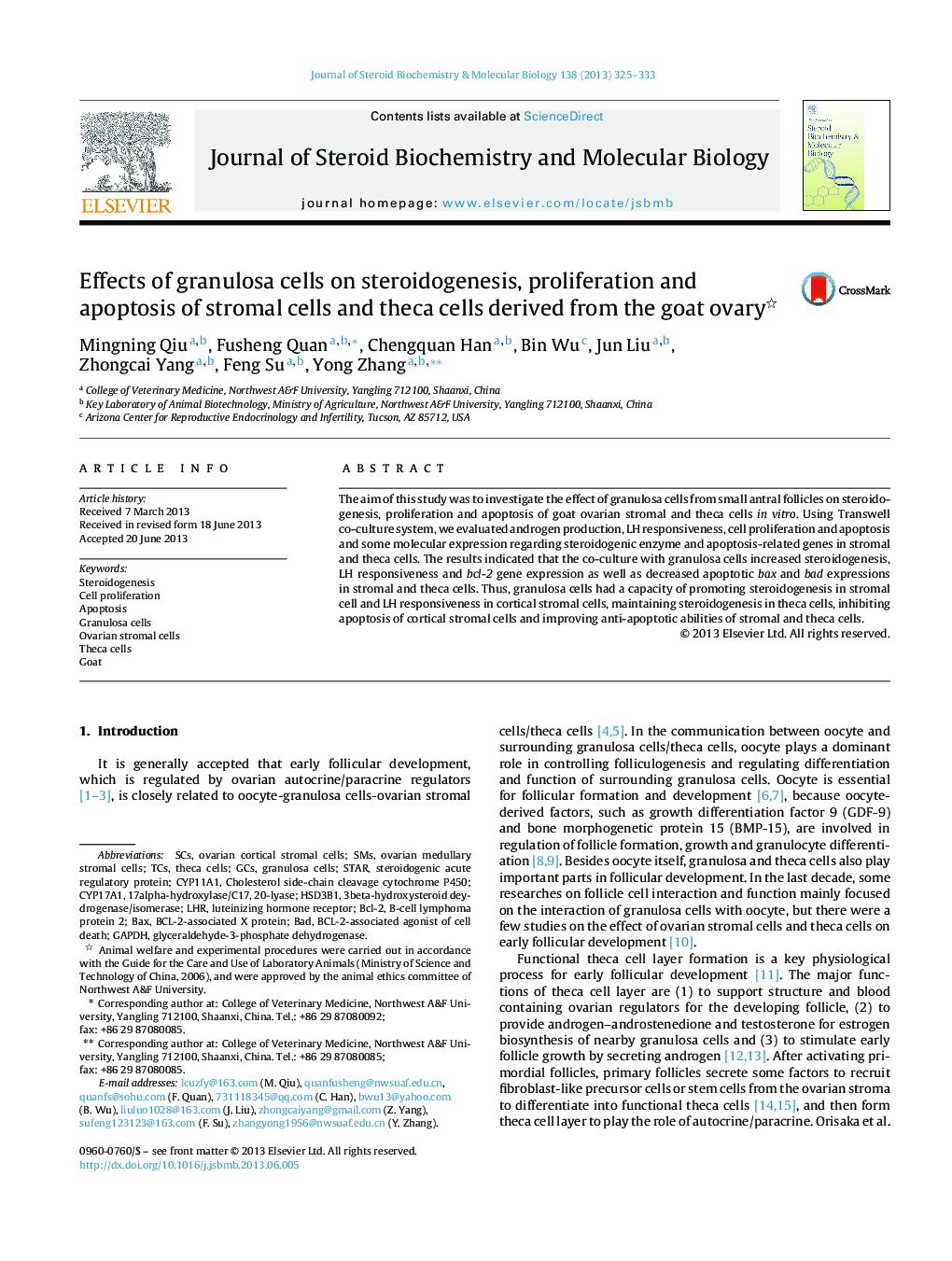 Effects of granulosa cells on steroidogenesis, proliferation and apoptosis of stromal cells and theca cells derived from the goat ovary