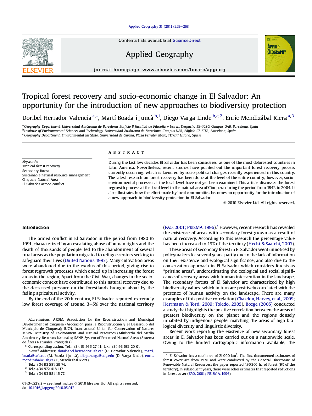 Tropical forest recovery and socio-economic change in El Salvador: An opportunity for the introduction of new approaches to biodiversity protection