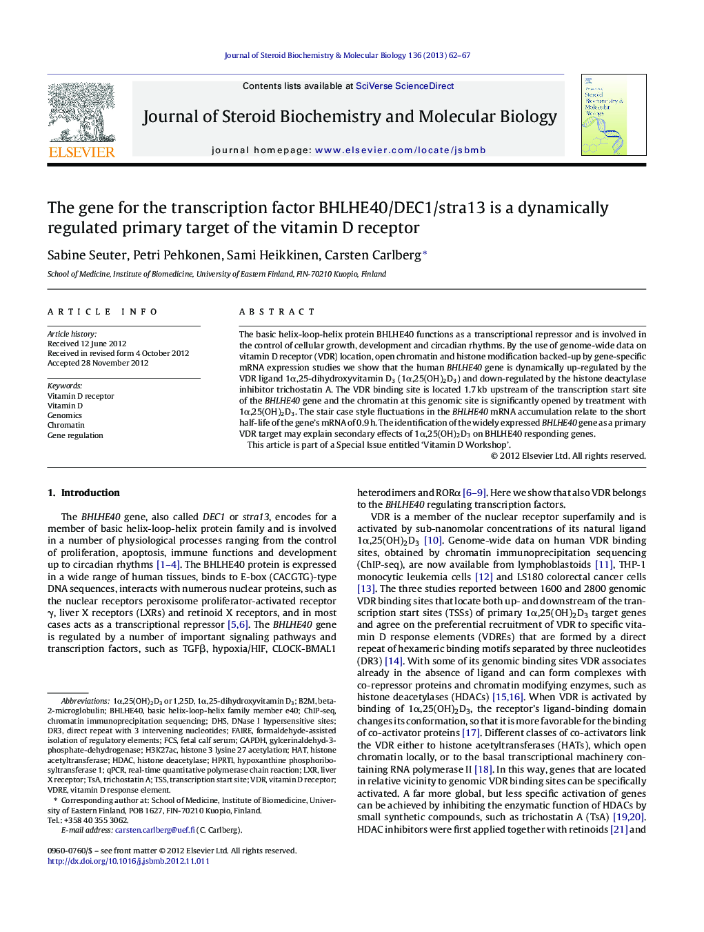 The gene for the transcription factor BHLHE40/DEC1/stra13 is a dynamically regulated primary target of the vitamin D receptor